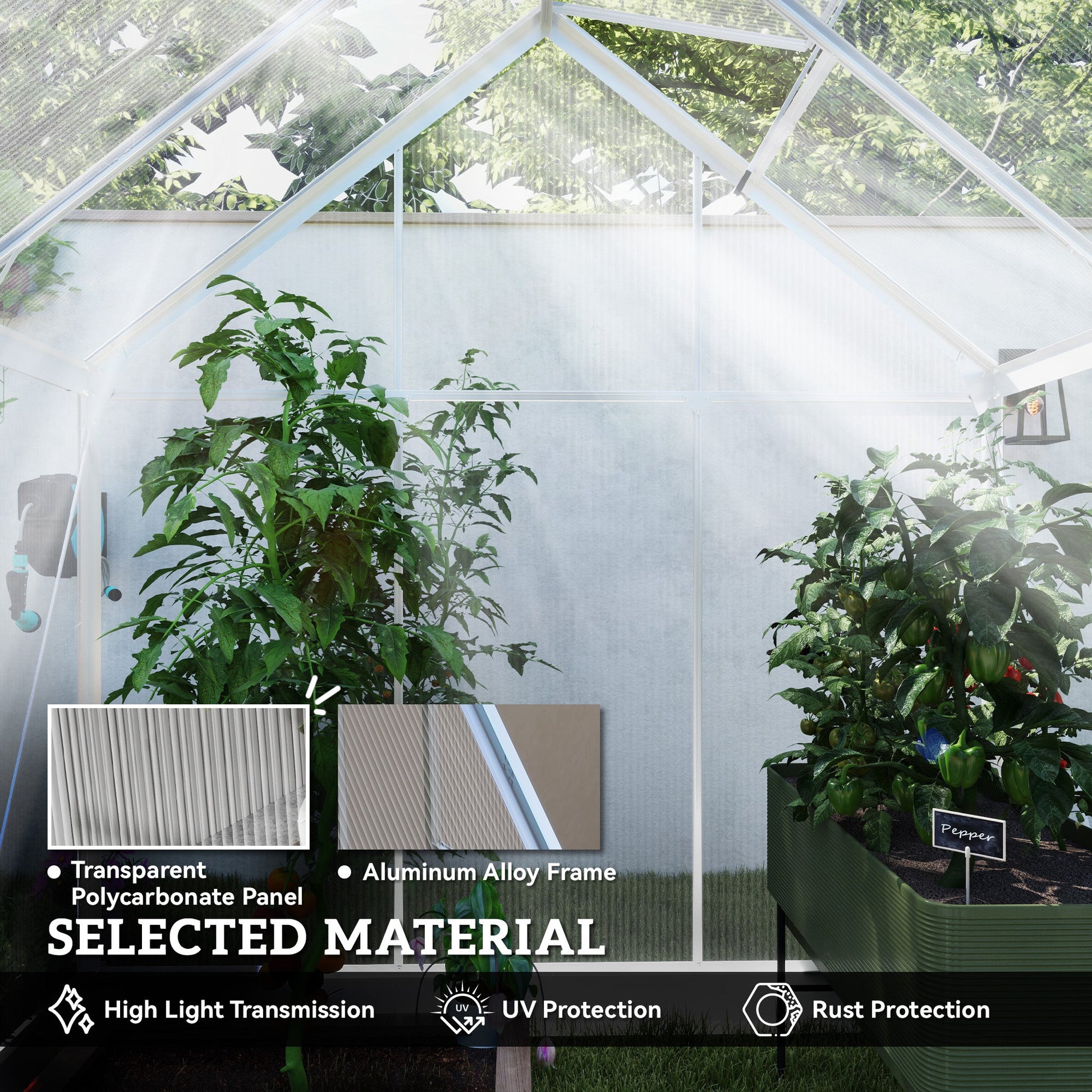 6' x 4' Polycarbonate Greenhouse, Walk-In Greenhouse with Sliding Door, Adjustable Vent, Aluminium Frame and Foundation Kit, Garden Grow House with Rain Gutter, Silver
