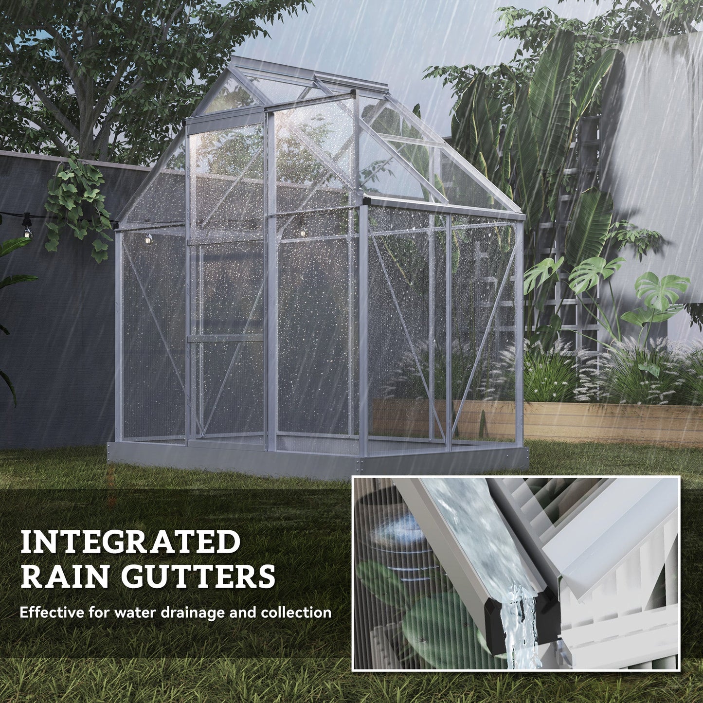 6' x 4' Polycarbonate Greenhouse, Walk-In Greenhouse with Sliding Door, Adjustable Vent, Aluminium Frame and Foundation Kit, Garden Grow House with Rain Gutter, Silver