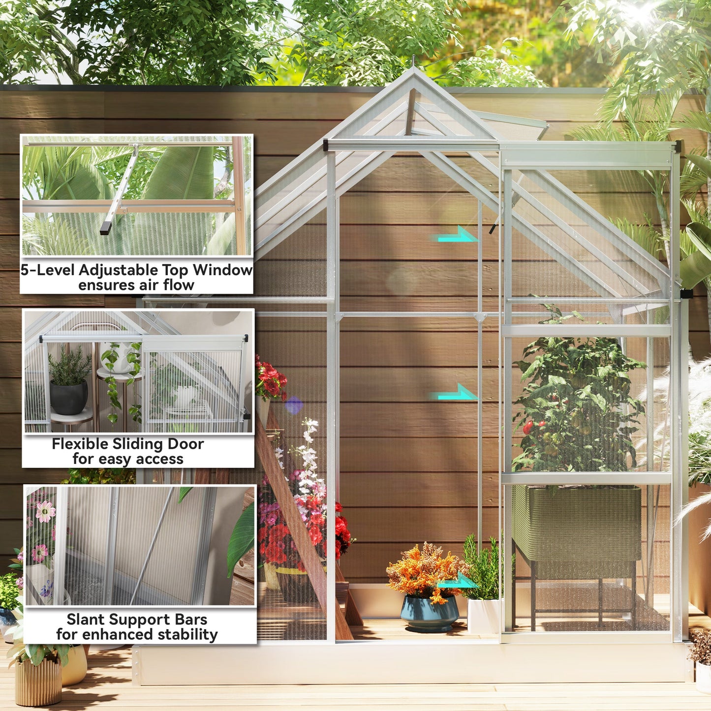 6' x 4' Polycarbonate Greenhouse, Walk-In Greenhouse with Sliding Door, Adjustable Vent, Aluminium Frame and Foundation Kit, Garden Grow House with Rain Gutter, Silver