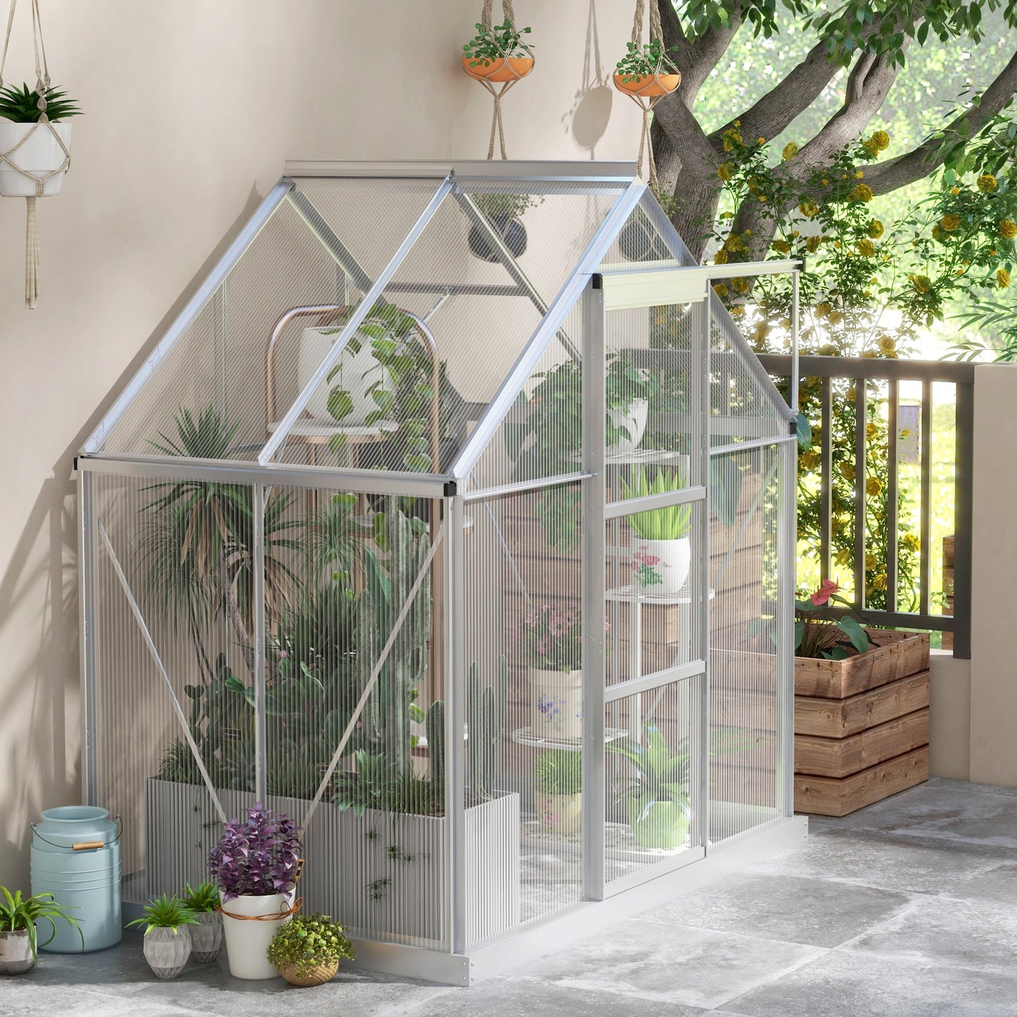 6' x 4' Polycarbonate Greenhouse, Walk-In Greenhouse with Sliding Door, Adjustable Vent, Aluminium Frame and Foundation Kit, Garden Grow House with Rain Gutter, Silver