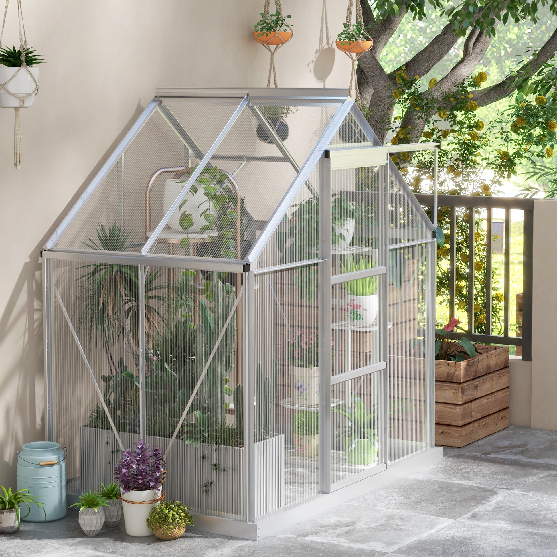 6' x 4' Polycarbonate Greenhouse, Walk-In Greenhouse with Sliding Door, Adjustable Vent, Aluminium Frame and Foundation Kit, Garden Grow House with Rain Gutter, Silver