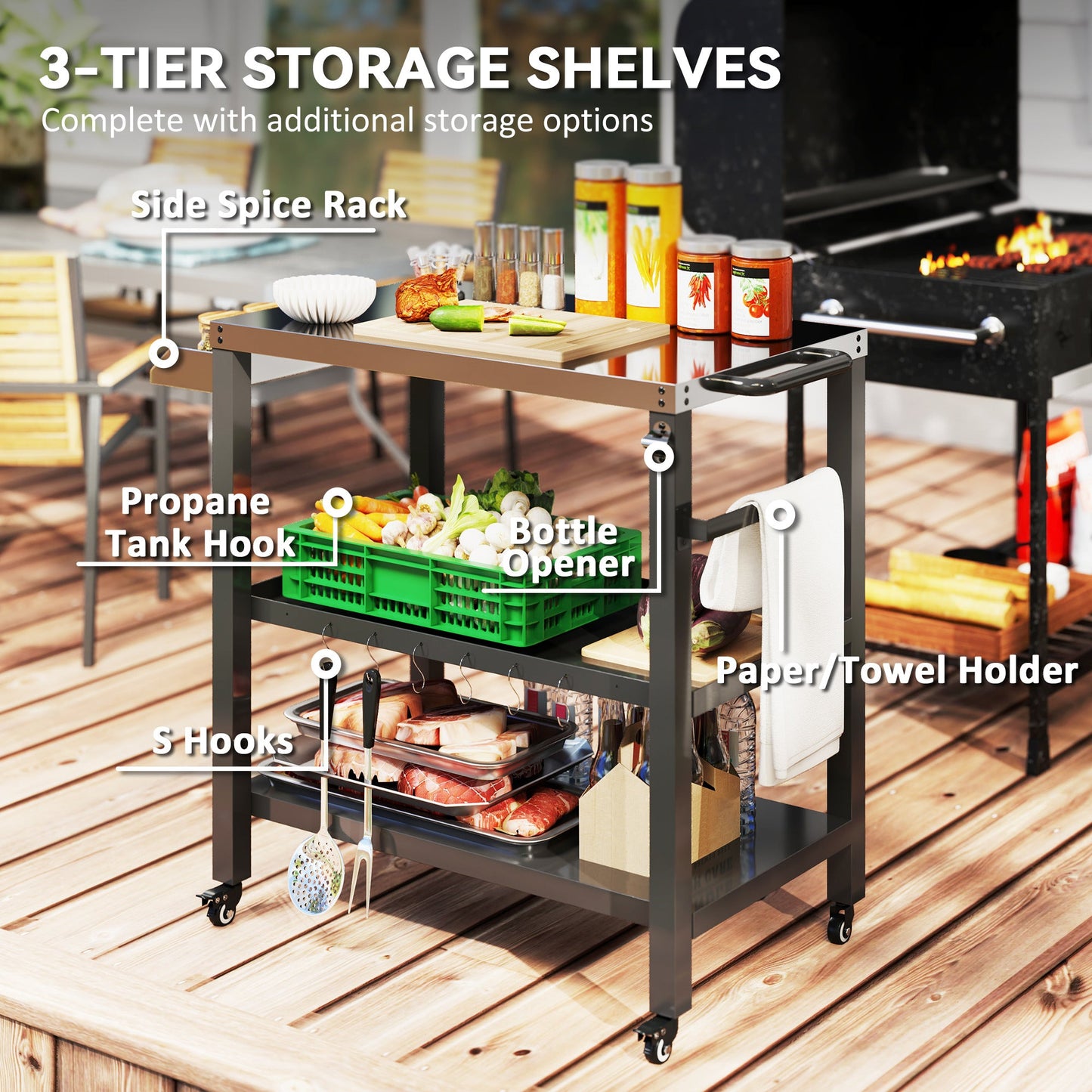 Outdoor Kitchen Prep Station, Three-Shelf Stainless Steel Pizza Oven Stand, Rolling Grill BBQ Cart with Wheels, Movable Outdoor Prep Table with Hooks, Black