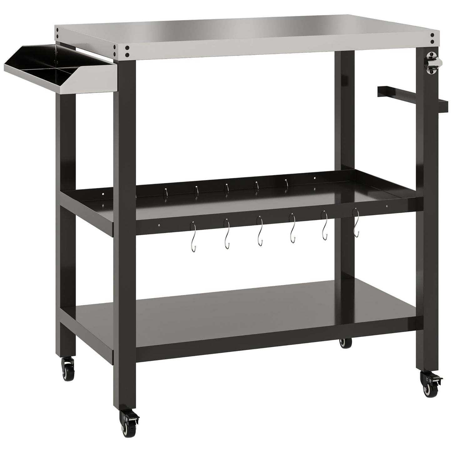 Outdoor Kitchen Prep Station, Three-Shelf Stainless Steel Pizza Oven Stand, Rolling Grill BBQ Cart with Wheels, Movable Outdoor Prep Table with Hooks, Black