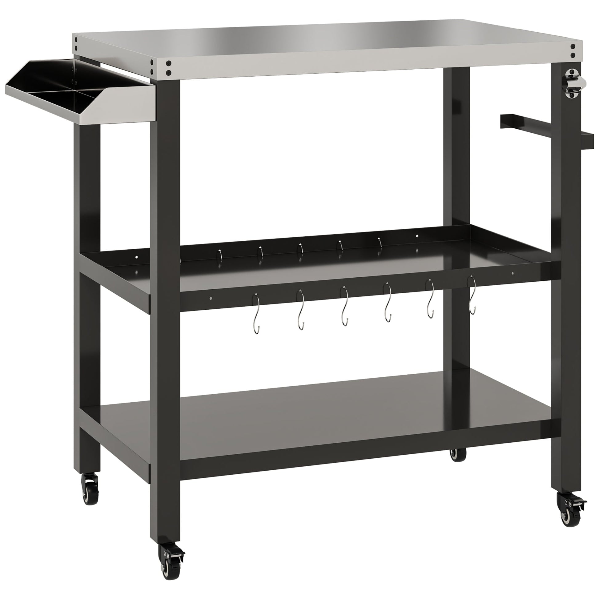 Outdoor Kitchen Prep Station, Three-Shelf Stainless Steel Pizza Oven Stand, Rolling Grill BBQ Cart with Wheels, Movable Outdoor Prep Table with Hooks, Black