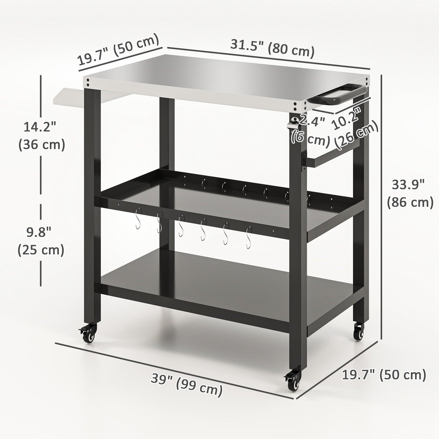 Outdoor Kitchen Prep Station, Three-Shelf Stainless Steel Pizza Oven Stand, Rolling Grill BBQ Cart with Wheels, Movable Outdoor Prep Table with Hooks, Black