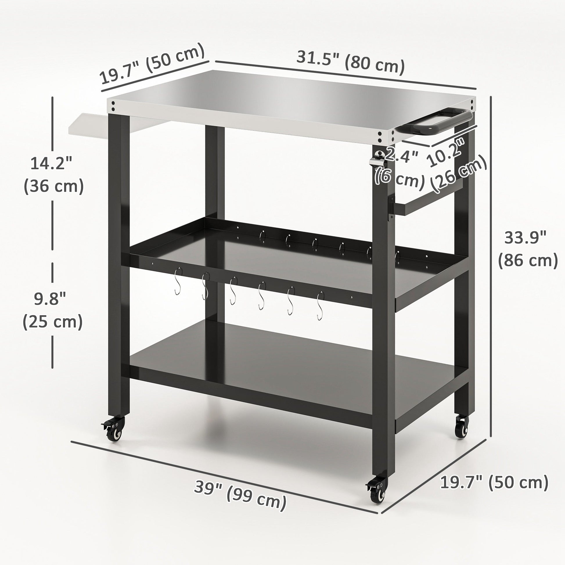 Outdoor Kitchen Prep Station, Three-Shelf Stainless Steel Pizza Oven Stand, Rolling Grill BBQ Cart with Wheels, Movable Outdoor Prep Table with Hooks, Black
