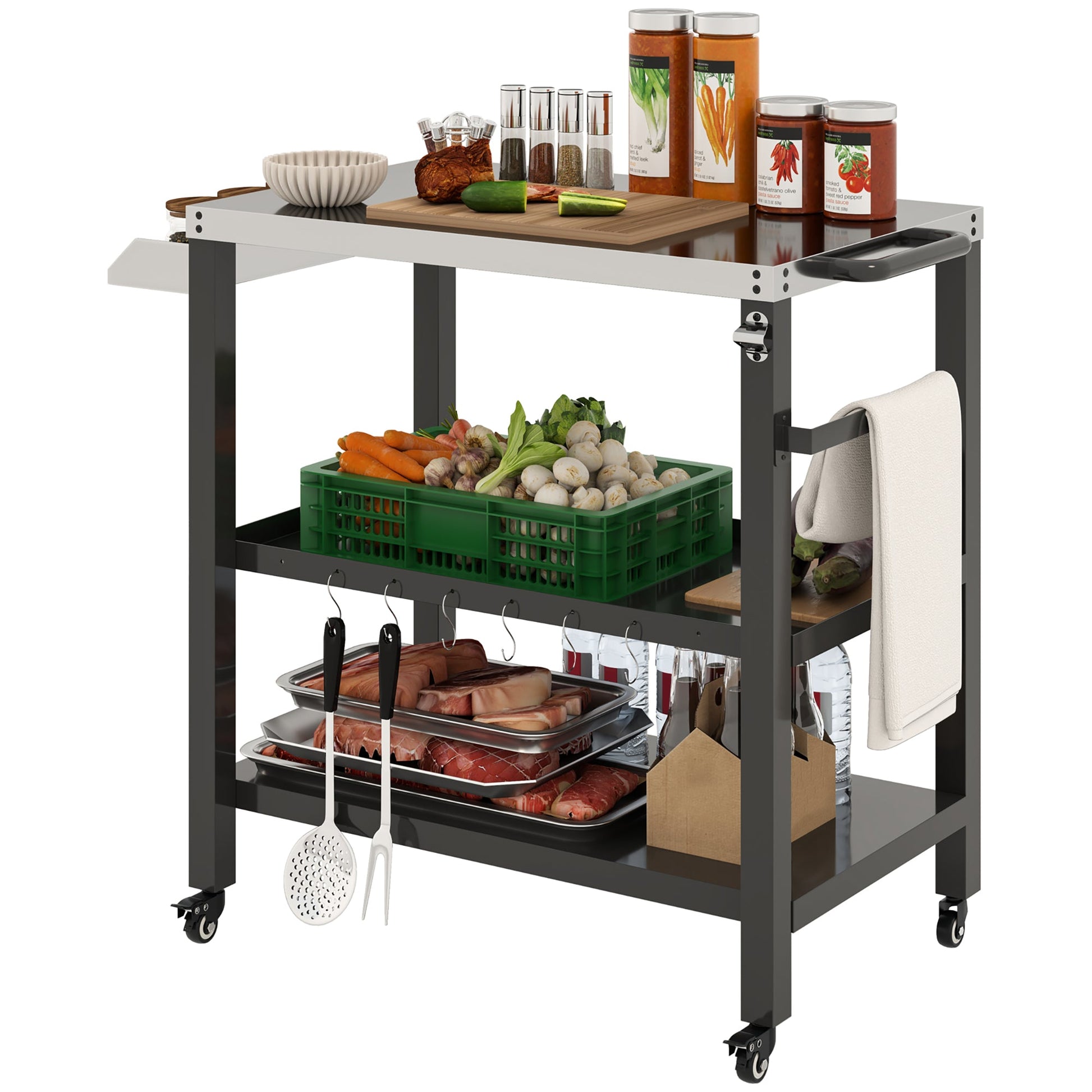 Outdoor Kitchen Prep Station, Three-Shelf Stainless Steel Pizza Oven Stand, Rolling Grill BBQ Cart with Wheels, Movable Outdoor Prep Table with Hooks, Black