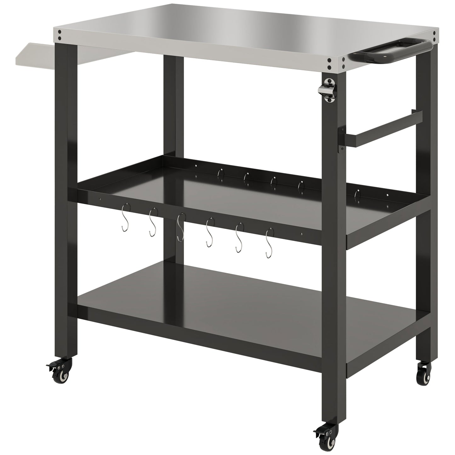 Outdoor Kitchen Prep Station, Three-Shelf Stainless Steel Pizza Oven Stand, Rolling Grill BBQ Cart with Wheels, Movable Outdoor Prep Table with Hooks, Black