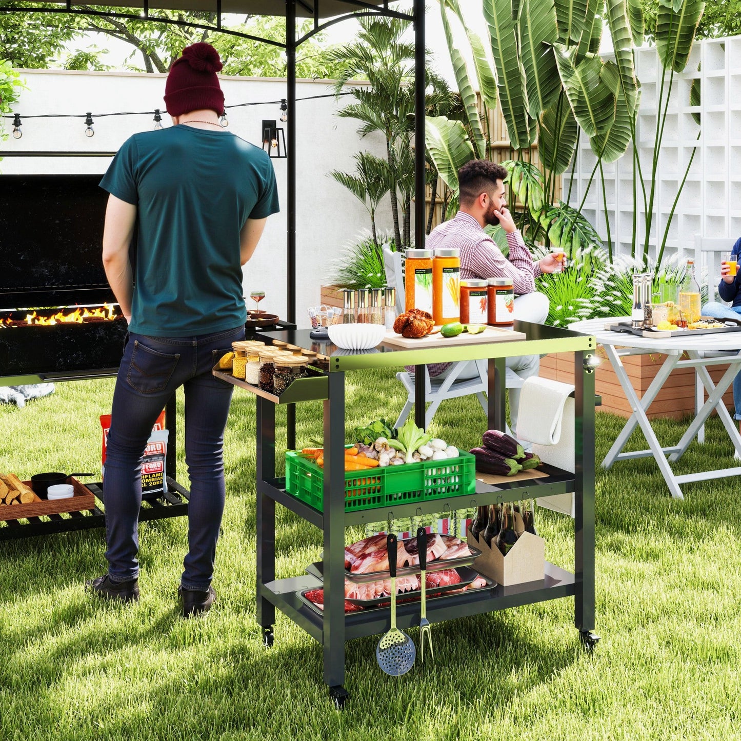 Outdoor Kitchen Prep Station, Three-Shelf Stainless Steel Pizza Oven Stand, Rolling Grill BBQ Cart with Wheels, Movable Outdoor Prep Table with Hooks, Black