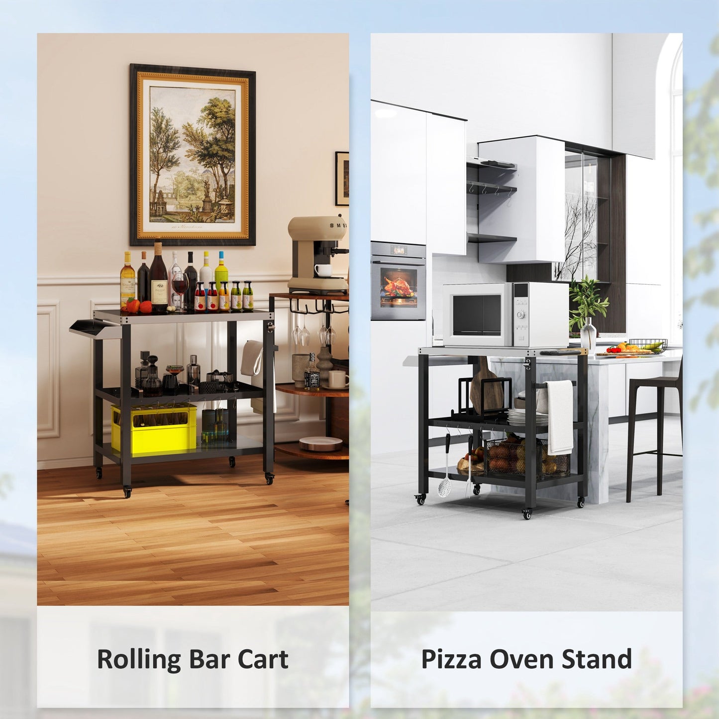 Outdoor Kitchen Prep Station, Three-Shelf Stainless Steel Pizza Oven Stand, Rolling Grill BBQ Cart with Wheels, Movable Outdoor Prep Table with Hooks, Black