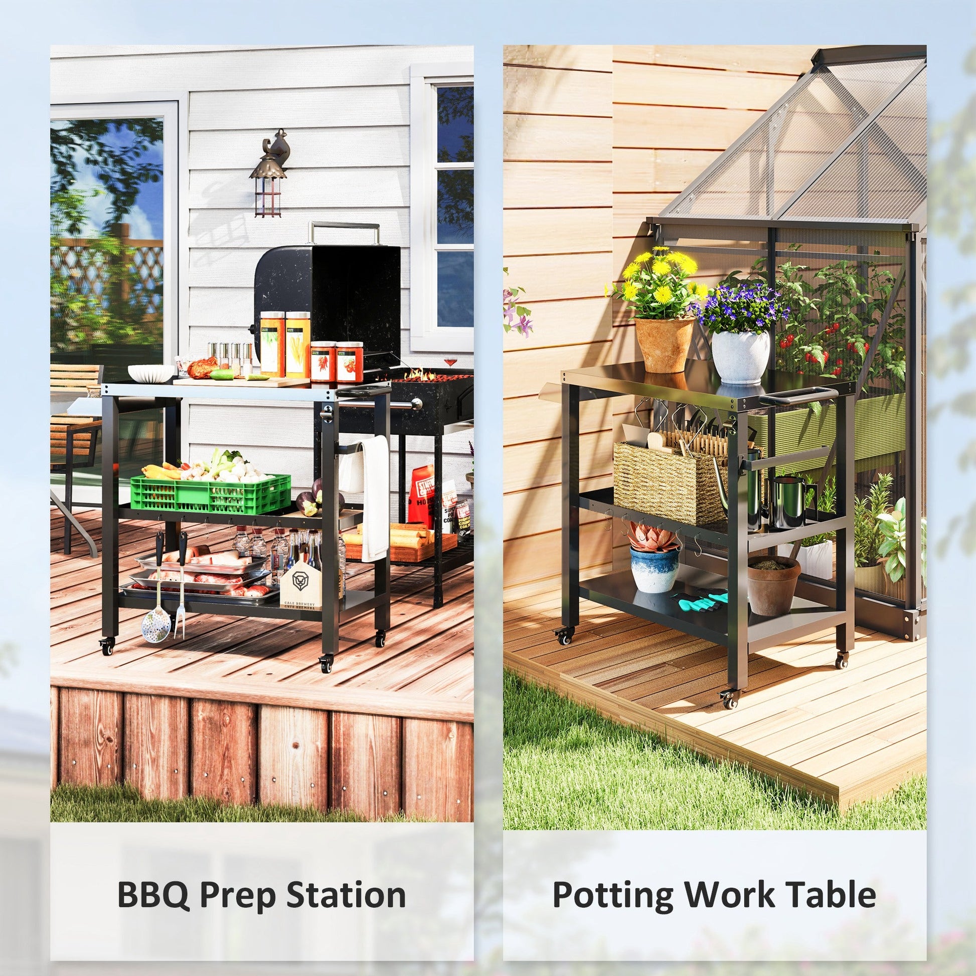 Outdoor Kitchen Prep Station, Three-Shelf Stainless Steel Pizza Oven Stand, Rolling Grill BBQ Cart with Wheels, Movable Outdoor Prep Table with Hooks, Black