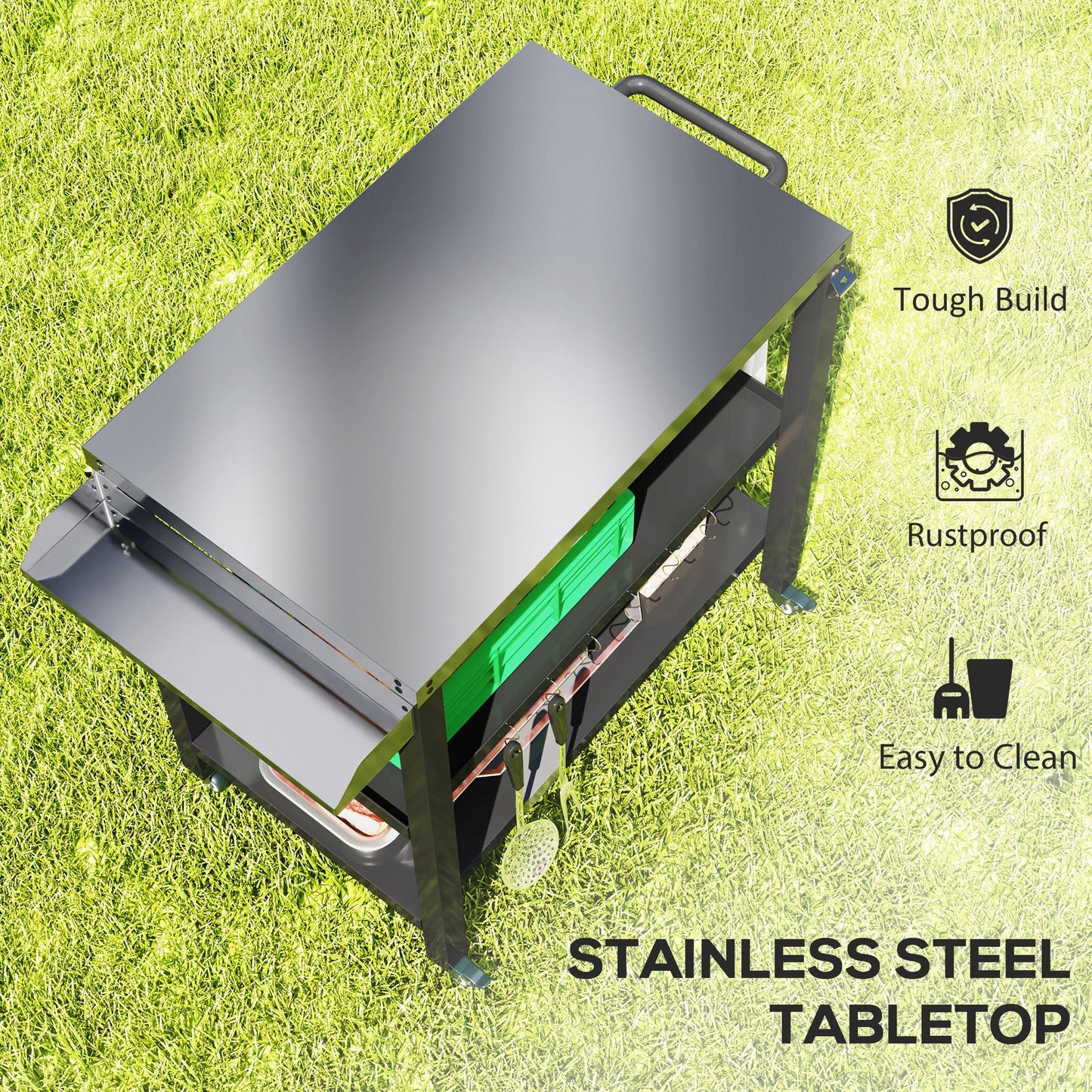 Outdoor Kitchen Prep Station, Three-Shelf Stainless Steel Pizza Oven Stand, Rolling Grill BBQ Cart with Wheels, Movable Outdoor Prep Table with Hooks, Black