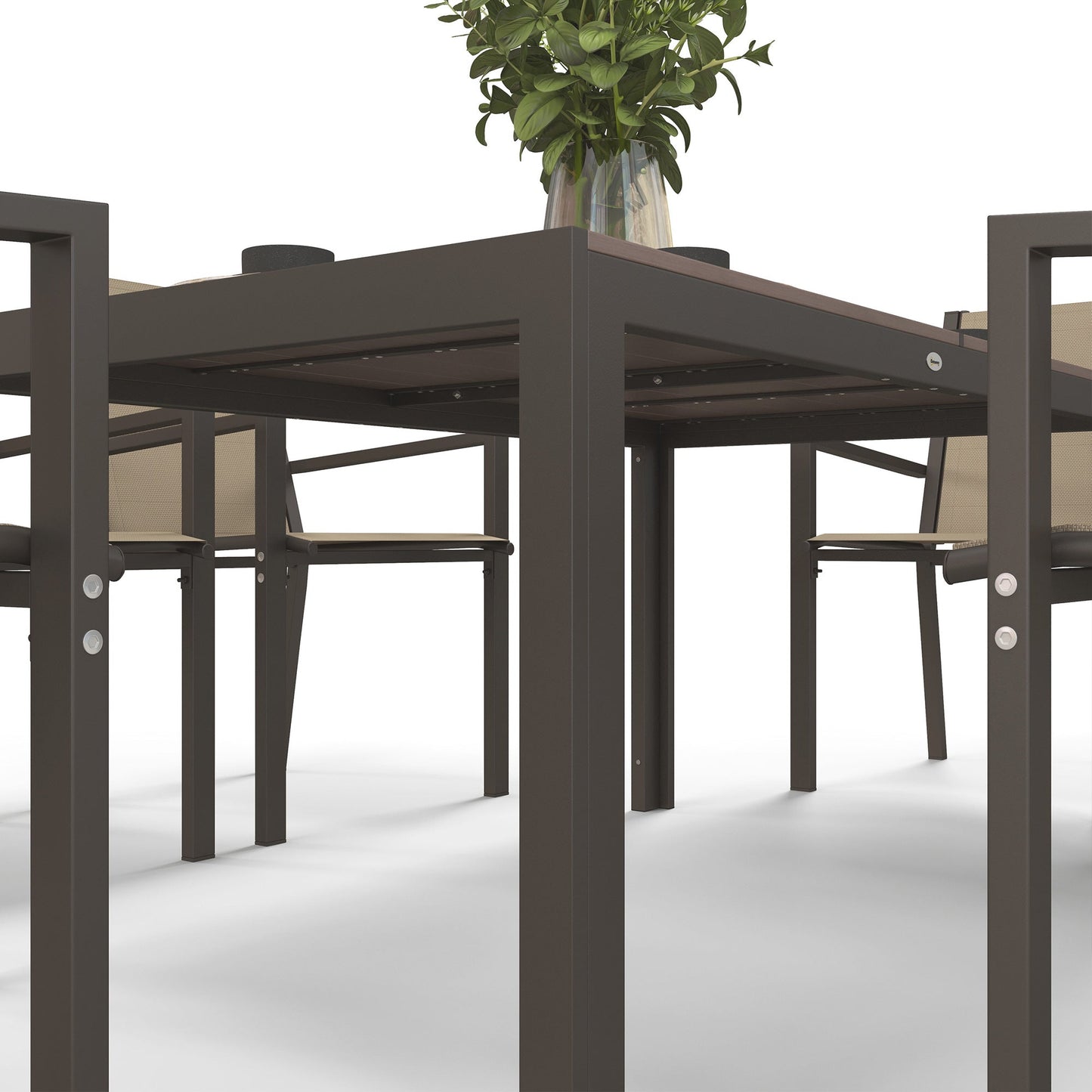7 Piece Patio Dining Set, Outdoor Dining Table and 6 Stackable Chairs, Metal Patio Furniture Set with WPC Top, Breathable Mesh for Garden, Backyard, Poolside, Khaki