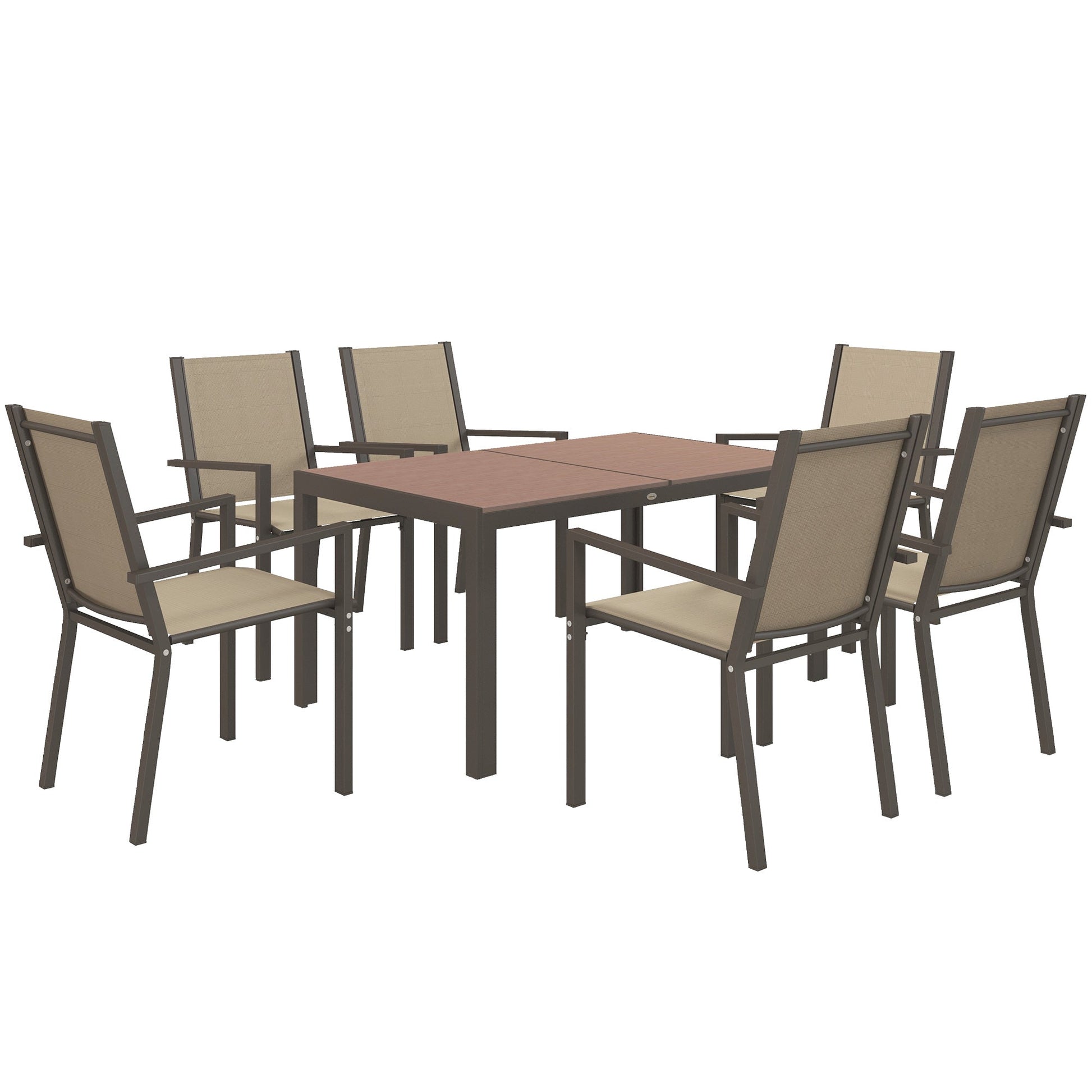7 Piece Patio Dining Set, Outdoor Dining Table and 6 Stackable Chairs, Metal Patio Furniture Set with WPC Top, Breathable Mesh for Garden, Backyard, Poolside, Khaki