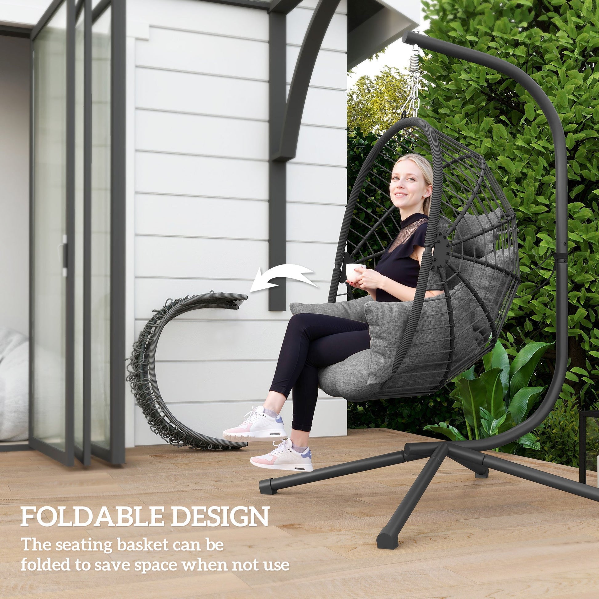 Hanging Egg Chair with Thick Padded Cushion, Foldable Wicker Egg Swing Chair with Metal Stand, Hammock Chair with Cup Holder, Rope Structure, for Indoor and Outdoor, Grey