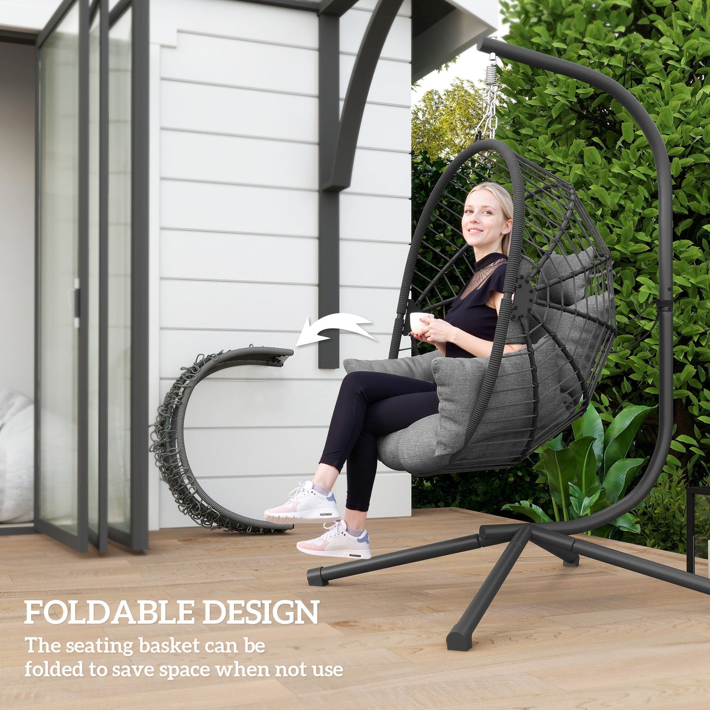 Hanging Egg Chair with Thick Padded Cushion, Foldable Wicker Egg Swing Chair with Metal Stand, Hammock Chair with Cup Holder, Rope Structure, for Indoor and Outdoor, Grey