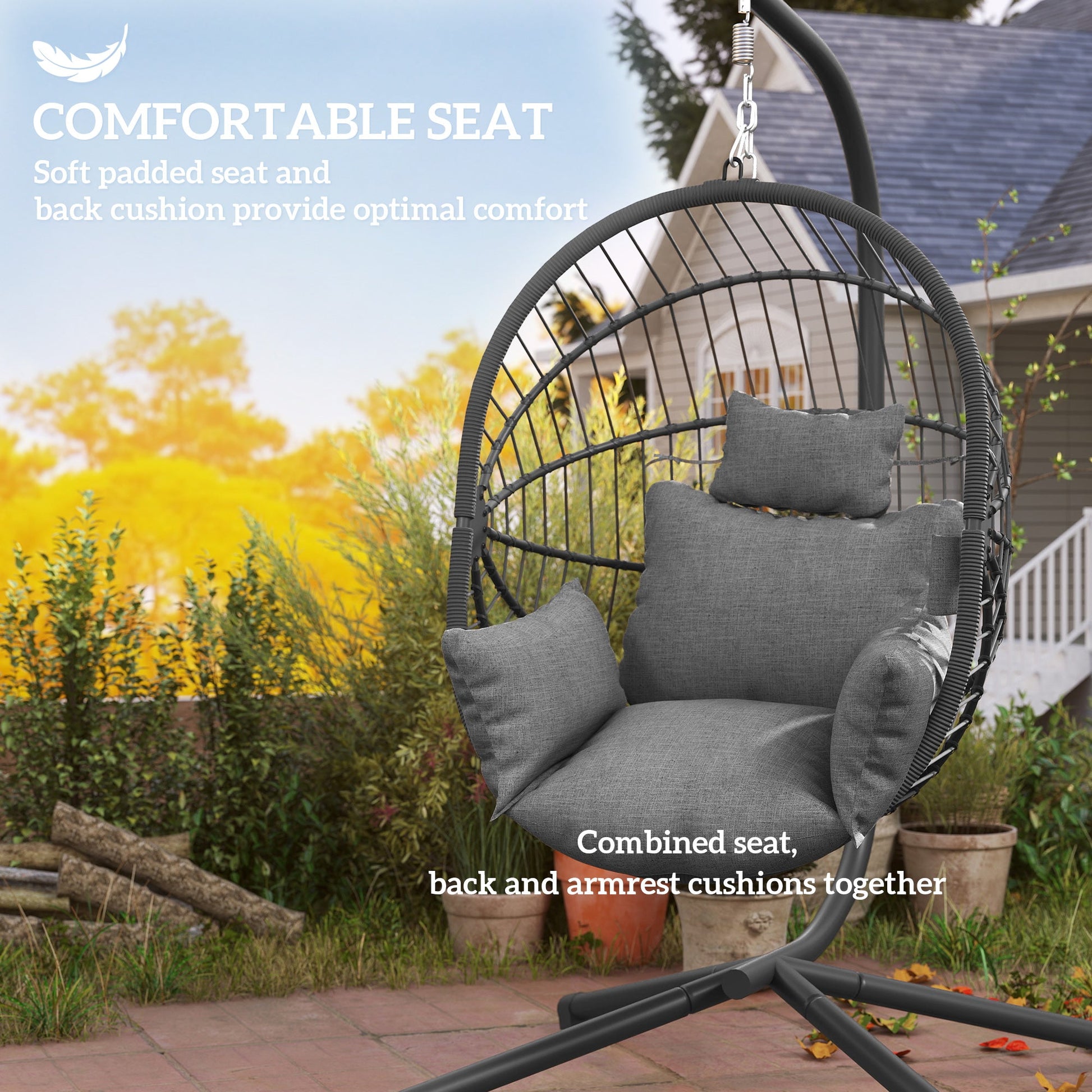 Hanging Egg Chair with Thick Padded Cushion, Foldable Wicker Egg Swing Chair with Metal Stand, Hammock Chair with Cup Holder, Rope Structure, for Indoor and Outdoor, Grey