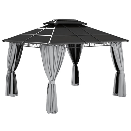 10' x 12' Outdoor Gazebo Canopy, Double Roof Hardtop Gazebo with Polycarbonate Roof, Steel Frame, Nettings and Curtains, for Garden, Lawn, Backyard and Deck, Light Grey