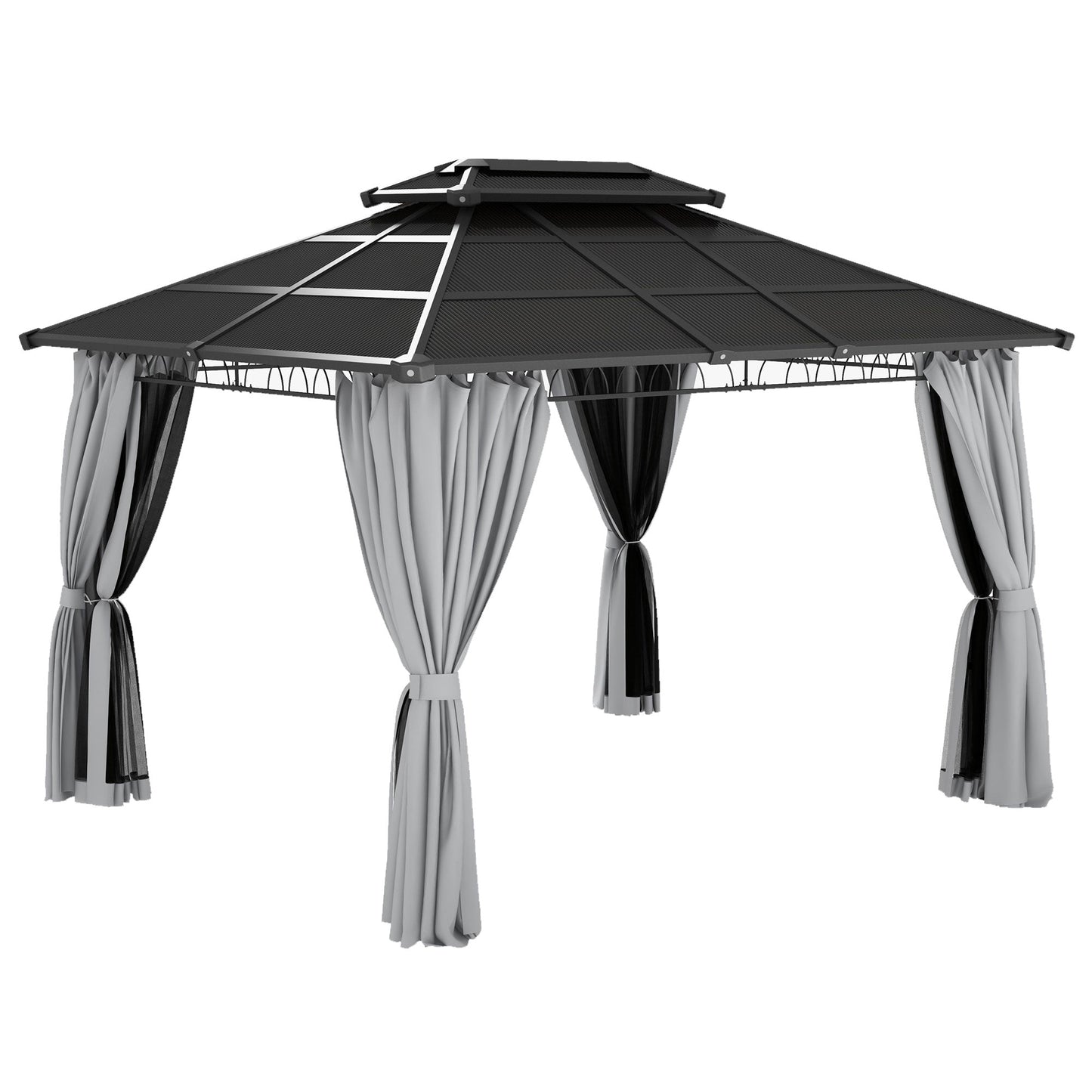 10' x 12' Outdoor Gazebo Canopy, Double Roof Hardtop Gazebo with Polycarbonate Roof, Steel Frame, Nettings and Curtains, for Garden, Lawn, Backyard and Deck, Light Grey