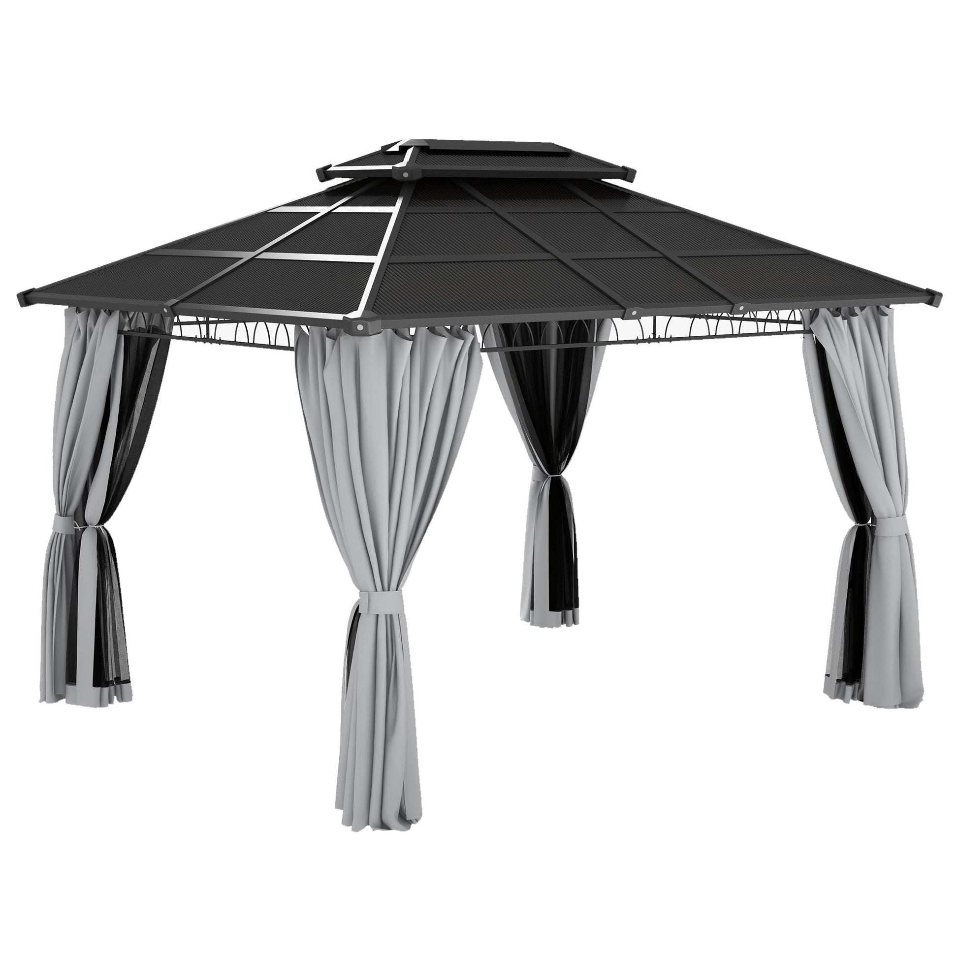 10' x 12' Outdoor Gazebo Canopy, Double Roof Hardtop Gazebo with Polycarbonate Roof, Steel Frame, Nettings and Curtains, for Garden, Lawn, Backyard and Deck, Light Grey