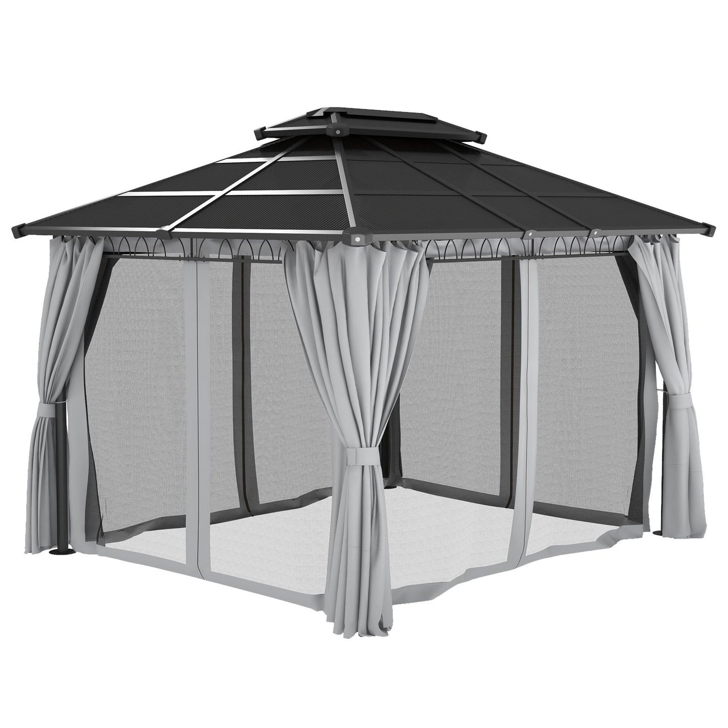 10' x 12' Outdoor Gazebo Canopy, Double Roof Hardtop Gazebo with Polycarbonate Roof, Steel Frame, Nettings and Curtains, for Garden, Lawn, Backyard and Deck, Light Grey