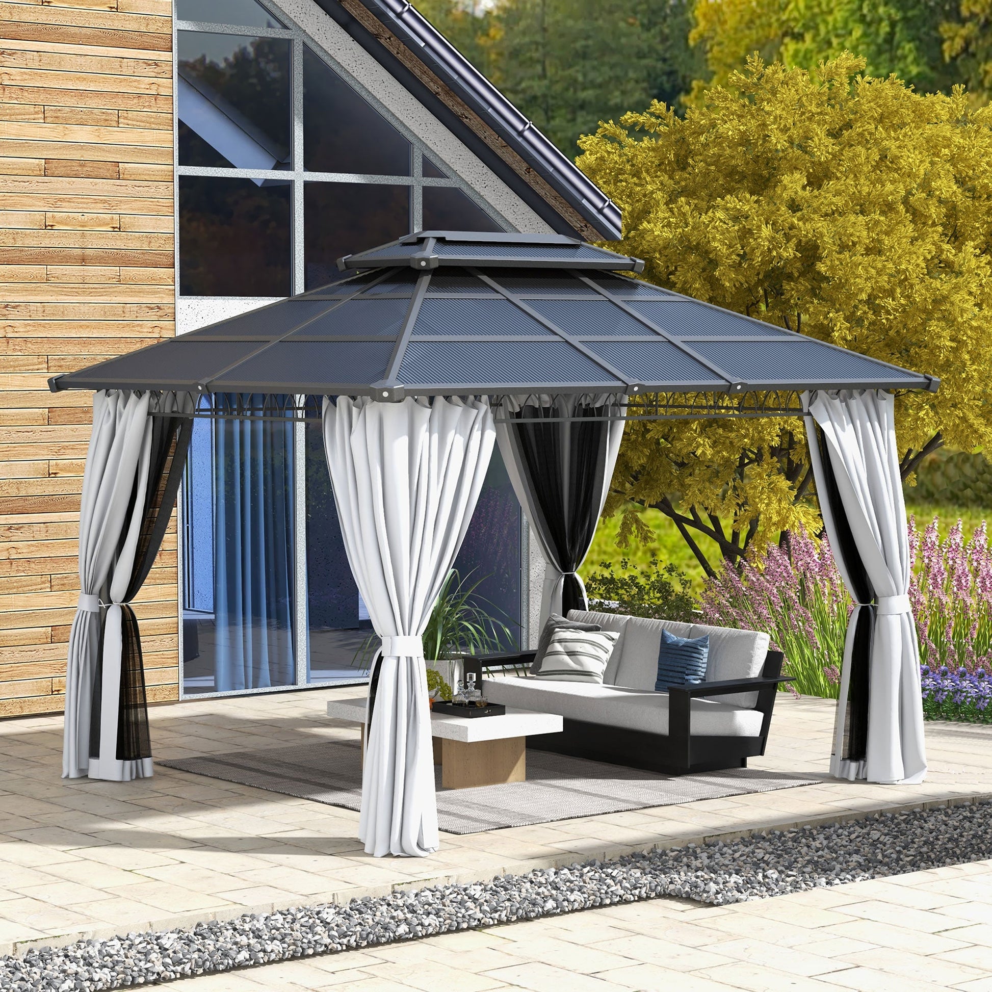 10' x 12' Outdoor Gazebo Canopy, Double Roof Hardtop Gazebo with Polycarbonate Roof, Steel Frame, Nettings and Curtains, for Garden, Lawn, Backyard and Deck, Light Grey