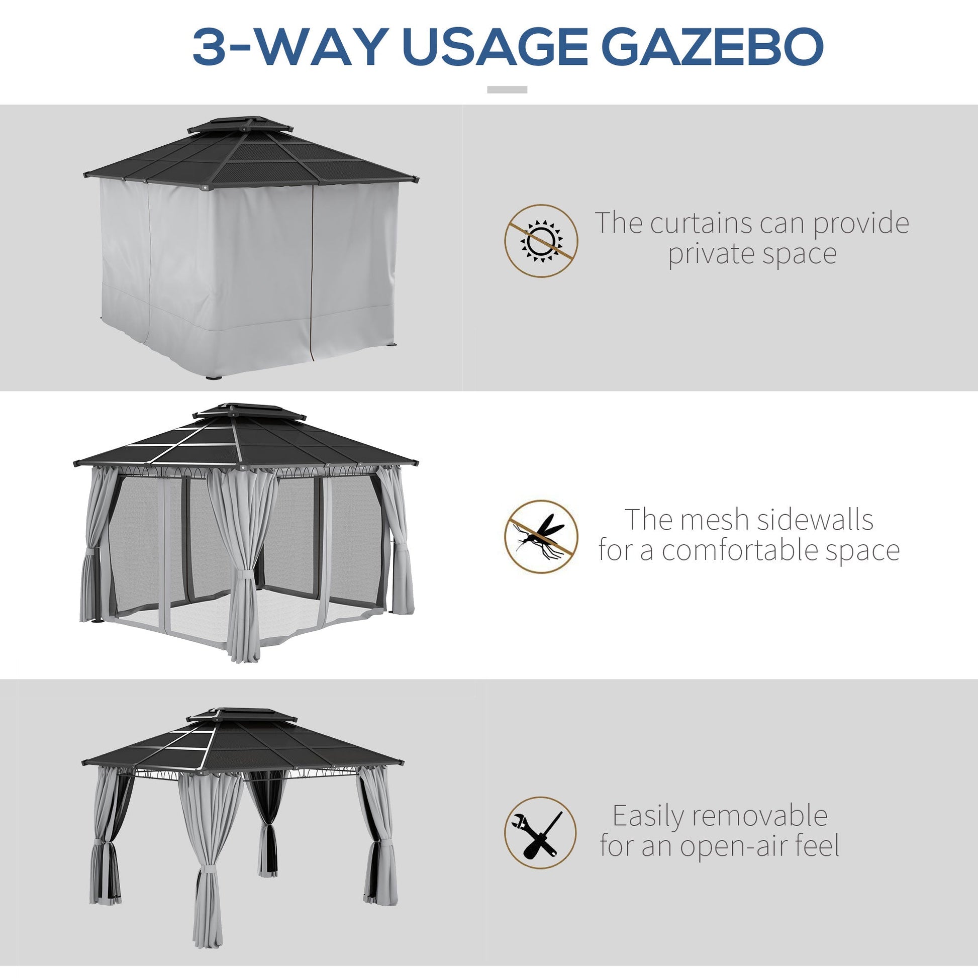 10' x 12' Outdoor Gazebo Canopy, Double Roof Hardtop Gazebo with Polycarbonate Roof, Steel Frame, Nettings and Curtains, for Garden, Lawn, Backyard and Deck, Light Grey
