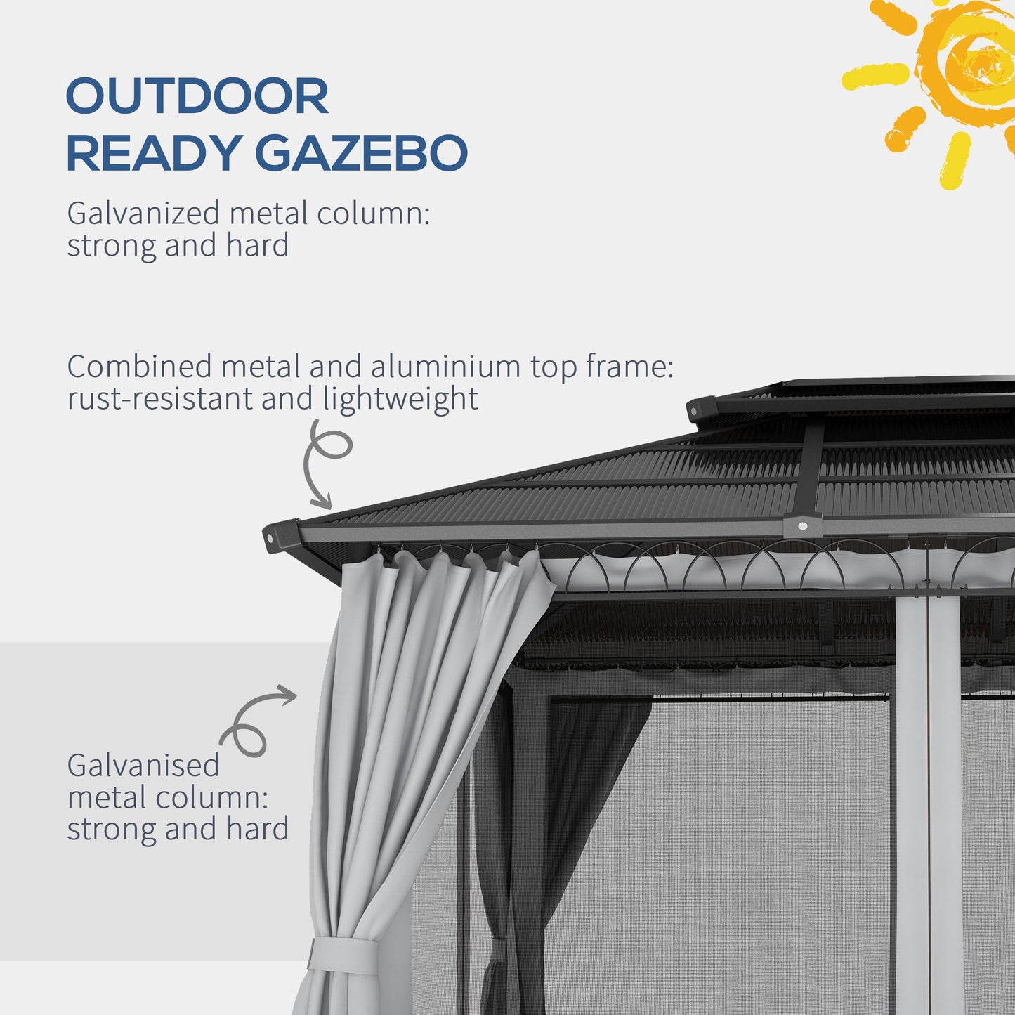 10' x 12' Outdoor Gazebo Canopy, Double Roof Hardtop Gazebo with Polycarbonate Roof, Steel Frame, Nettings and Curtains, for Garden, Lawn, Backyard and Deck, Light Grey