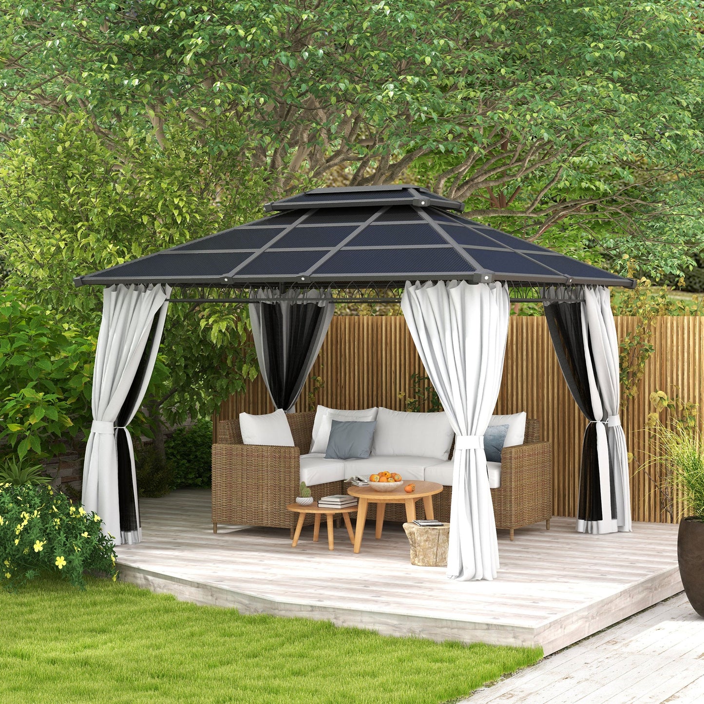 10' x 12' Outdoor Gazebo Canopy, Double Roof Hardtop Gazebo with Polycarbonate Roof, Steel Frame, Nettings and Curtains, for Garden, Lawn, Backyard and Deck, Light Grey