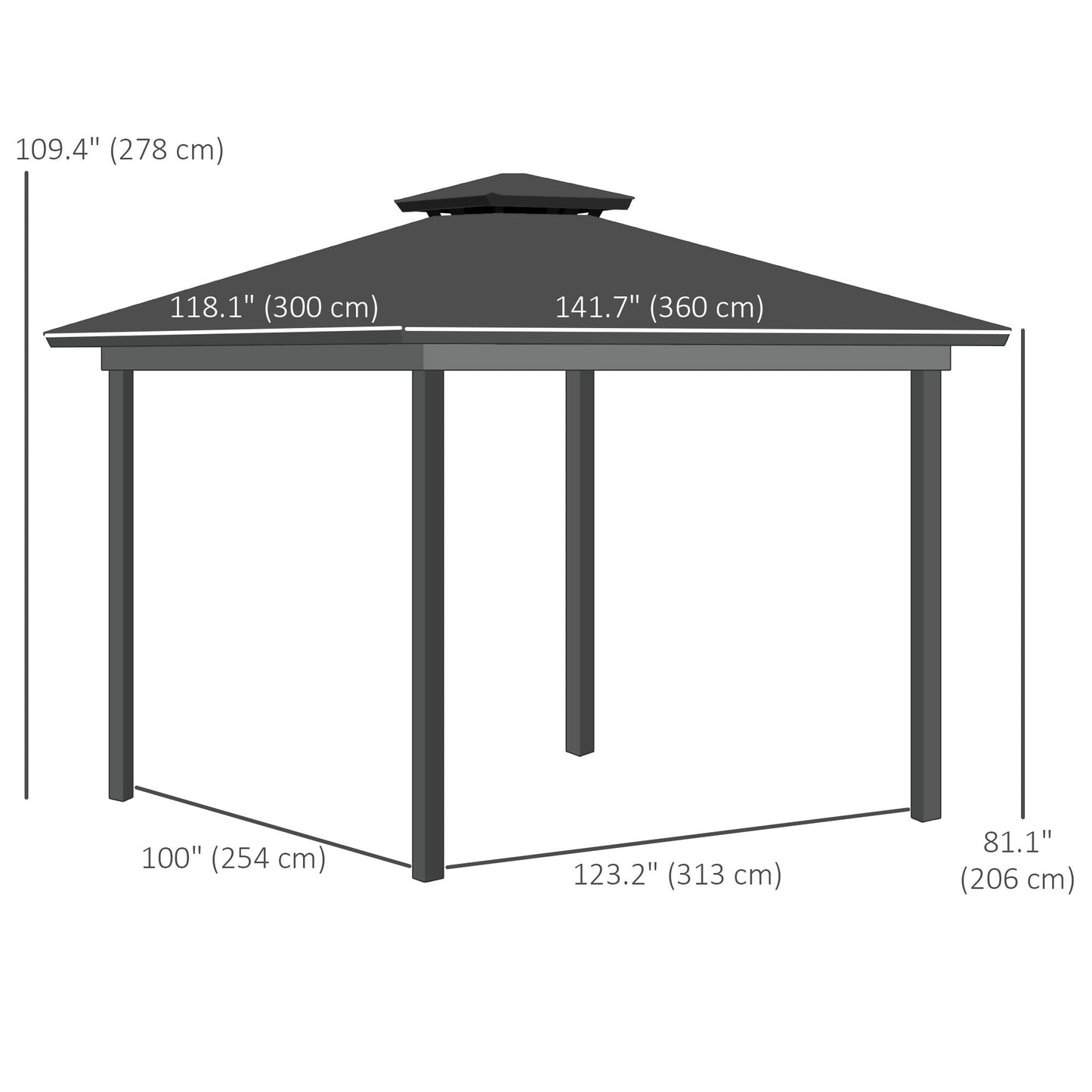 10' x 12' Outdoor Gazebo Canopy, Double Roof Hardtop Gazebo with Polycarbonate Roof, Steel Frame, Nettings and Curtains, for Garden, Lawn, Backyard and Deck, Light Grey