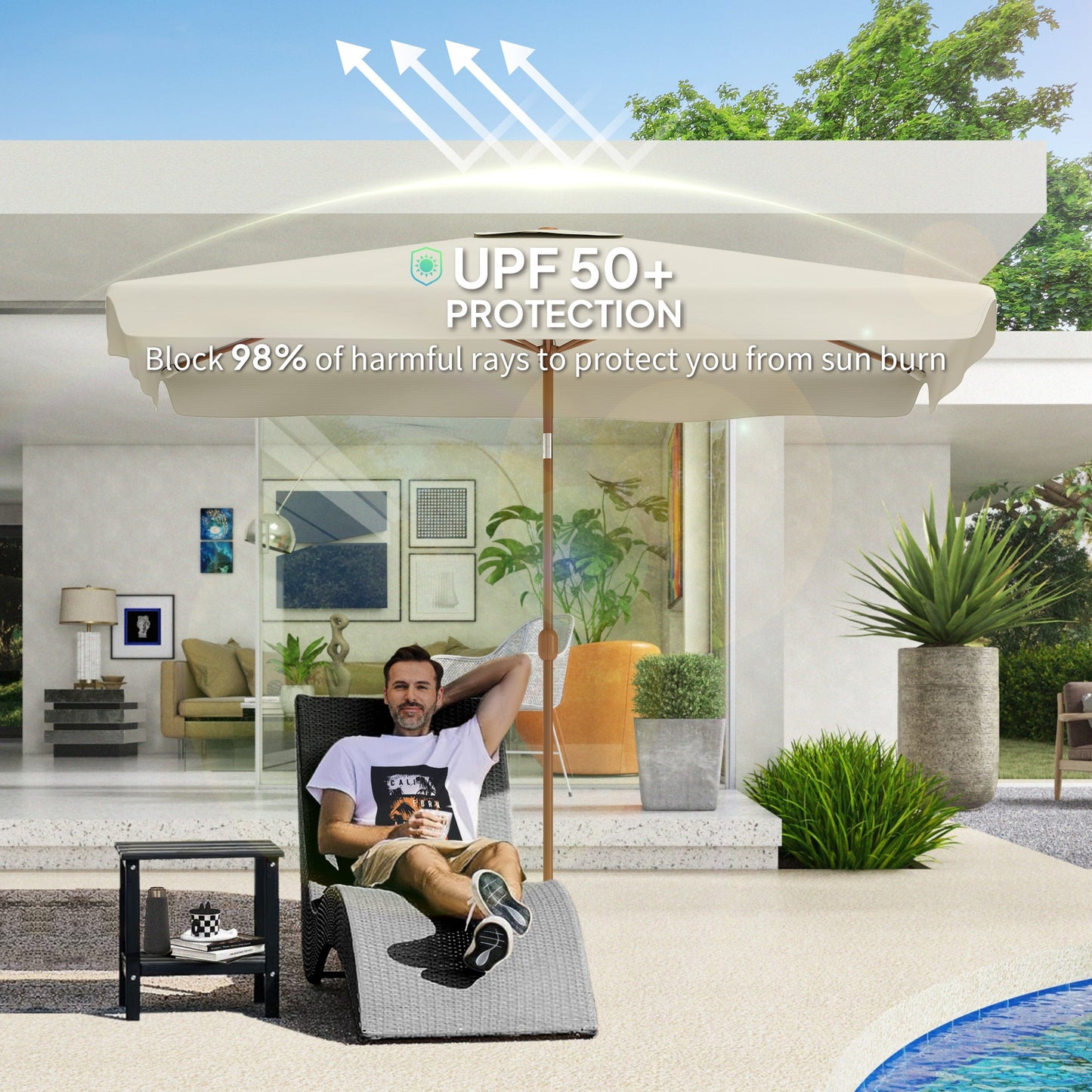 Patio Umbrella 118.1" x 78.7" Outdoor Parasol with Adjustable Angle, Aluminum Pole, Crank Handle, and UV50+ Protection, Garden and Patio Umbrella in Beige