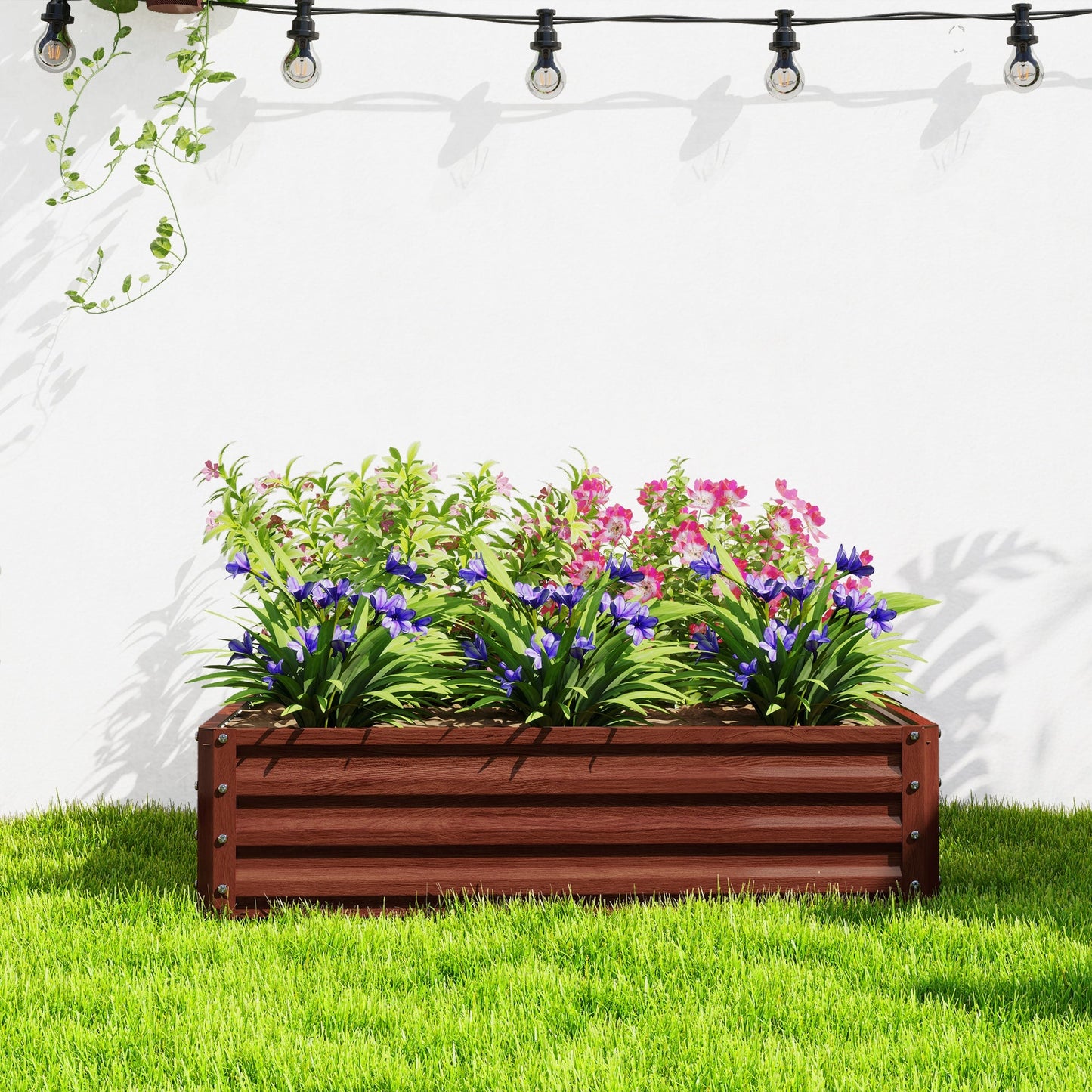 4' x 4' x 1' Raised Garden Bed Galvanized Steel Planter Box for Vegetables, Flowers, Herbs, Dark Brown Wood Effect