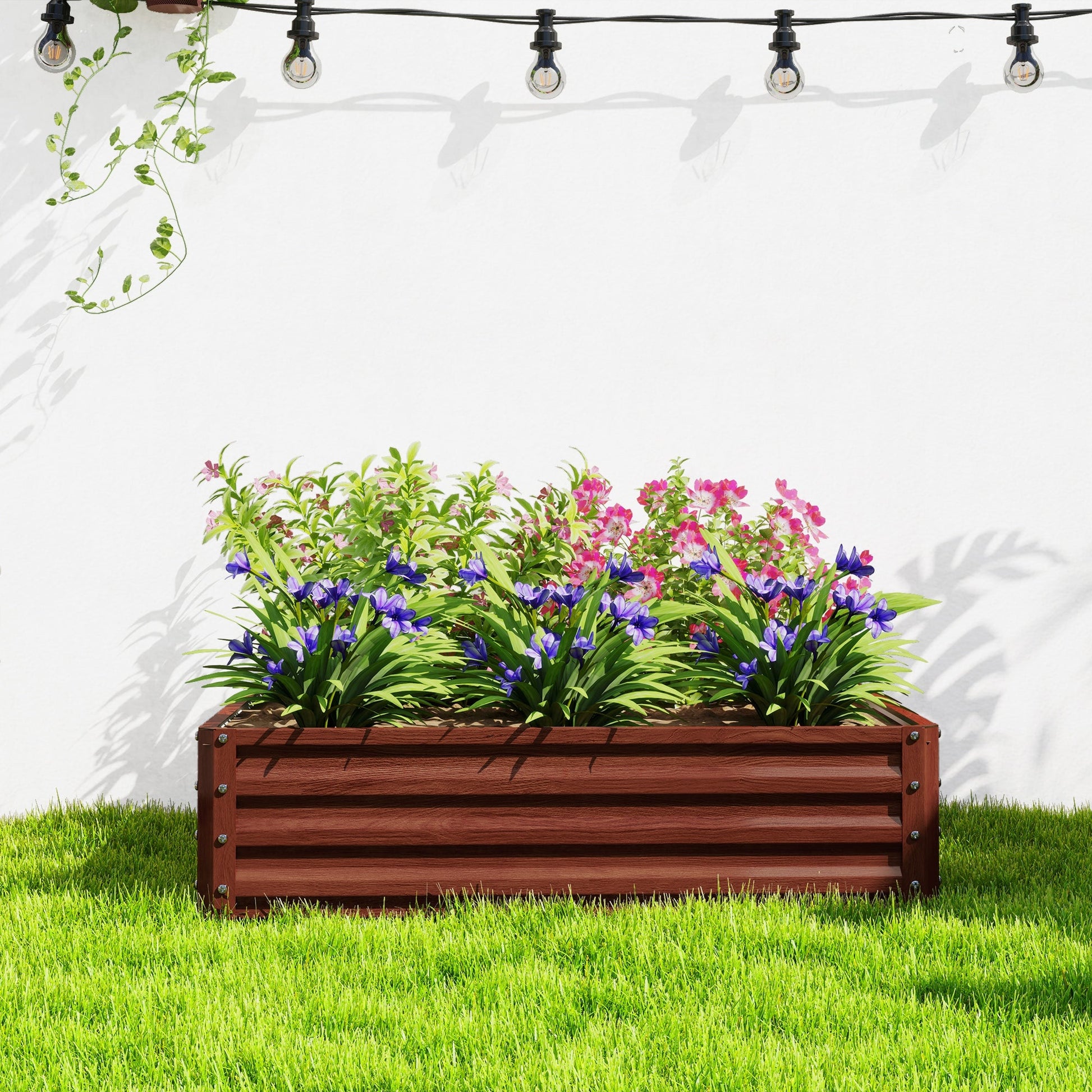 4' x 4' x 1' Raised Garden Bed Galvanized Steel Planter Box for Vegetables, Flowers, Herbs, Dark Brown Wood Effect