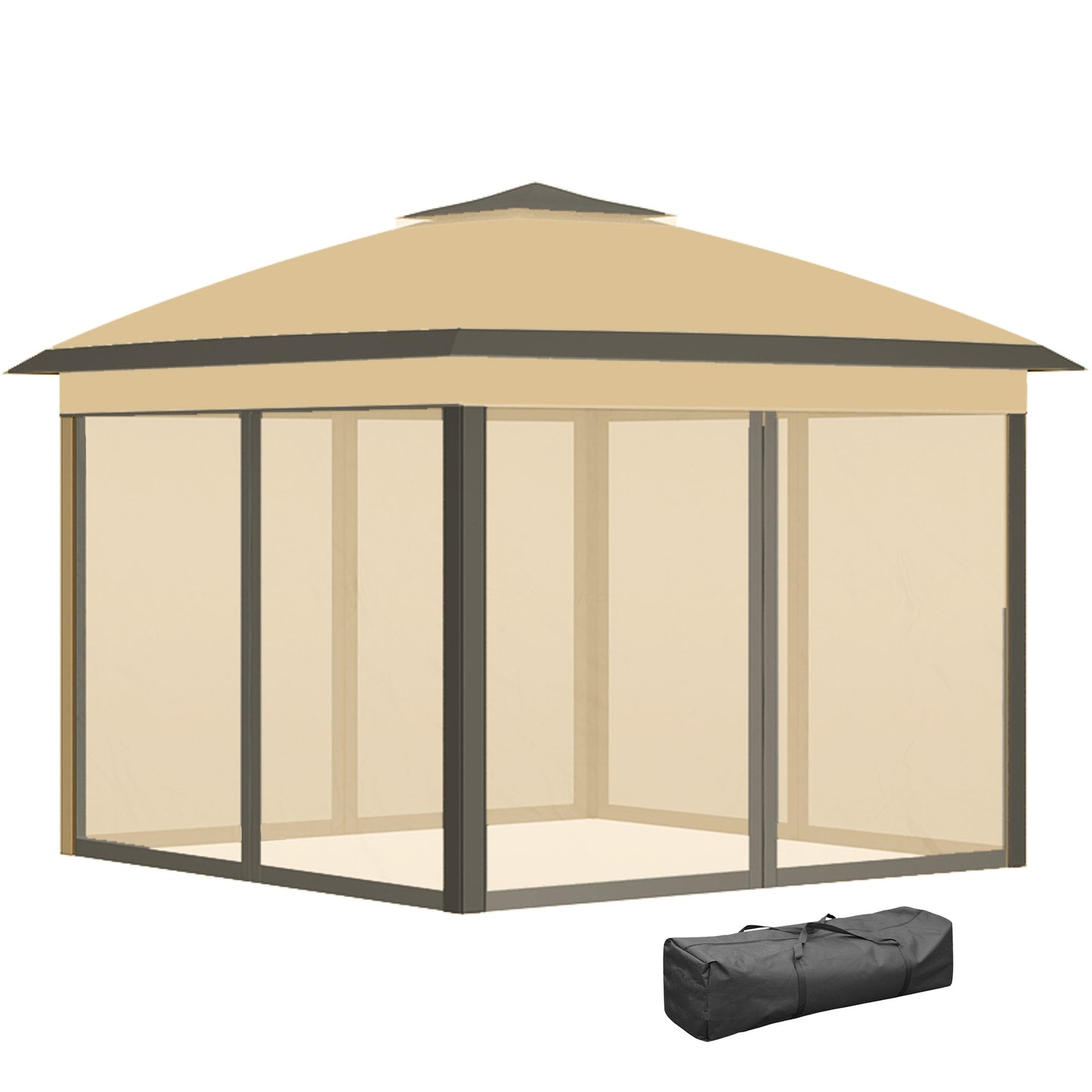 11' x 11' Pop Up Canopy, Double Roof Foldable Canopy Tent with Zipper Mesh Sidewalls, Height Adjustable and Carrying Bag, Event Tent for Patio Garden Backyard, Beige