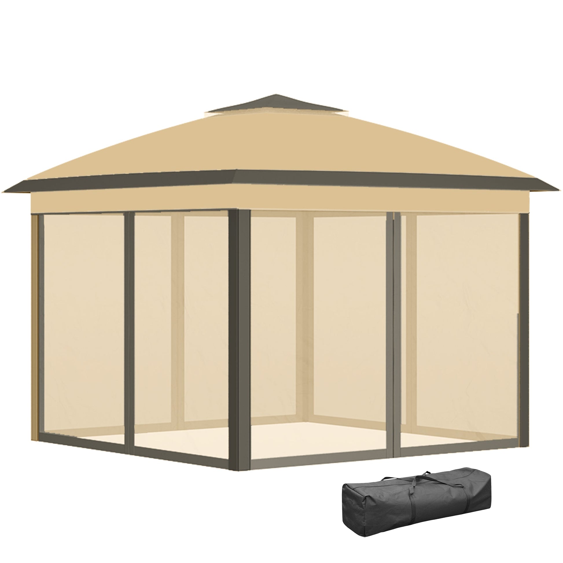 11' x 11' Pop Up Canopy, Double Roof Foldable Canopy Tent with Zipper Mesh Sidewalls, Height Adjustable and Carrying Bag, Event Tent for Patio Garden Backyard, Beige