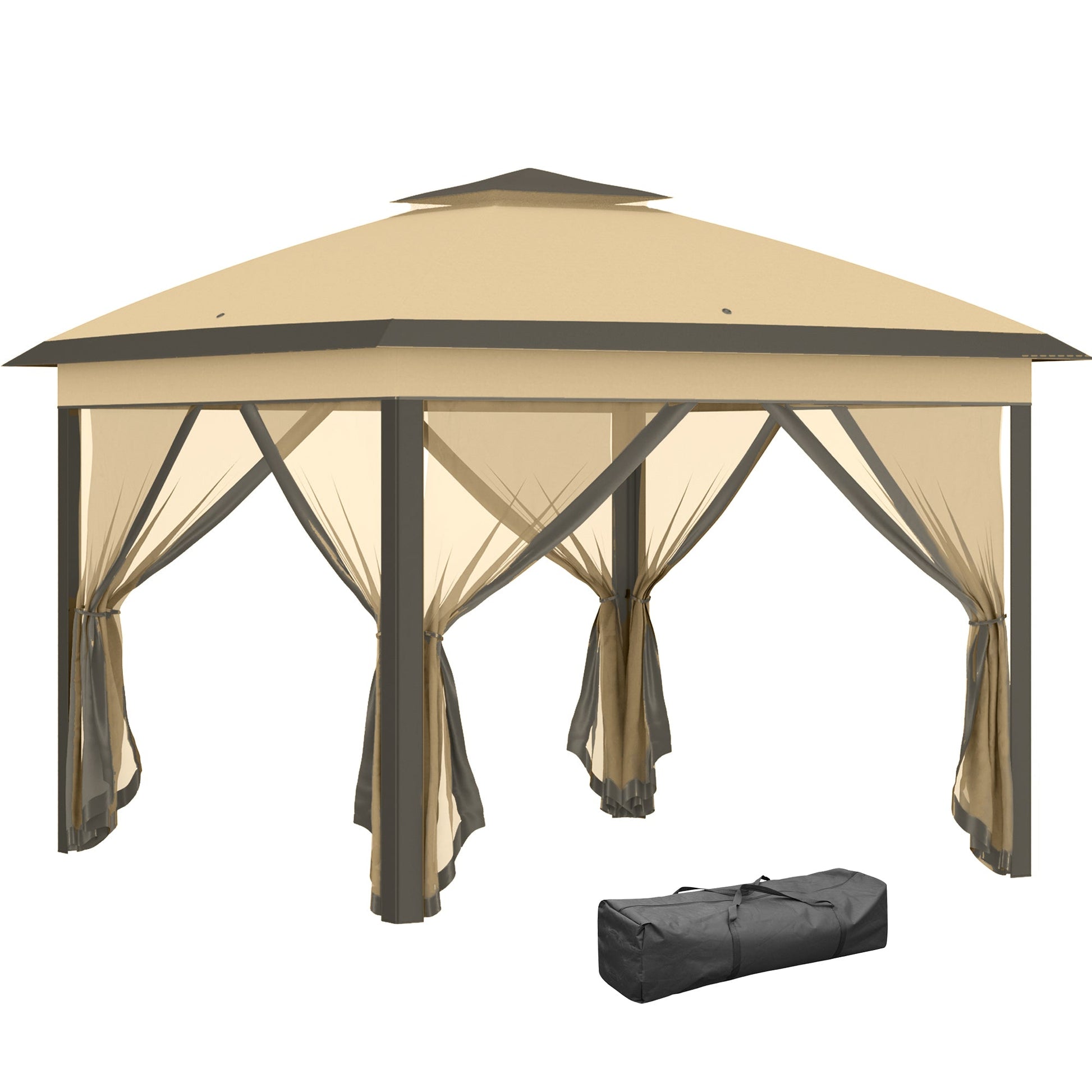 11' x 11' Pop Up Canopy, Double Roof Foldable Canopy Tent with Zipper Mesh Sidewalls, Height Adjustable and Carrying Bag, Event Tent for Patio Garden Backyard, Beige