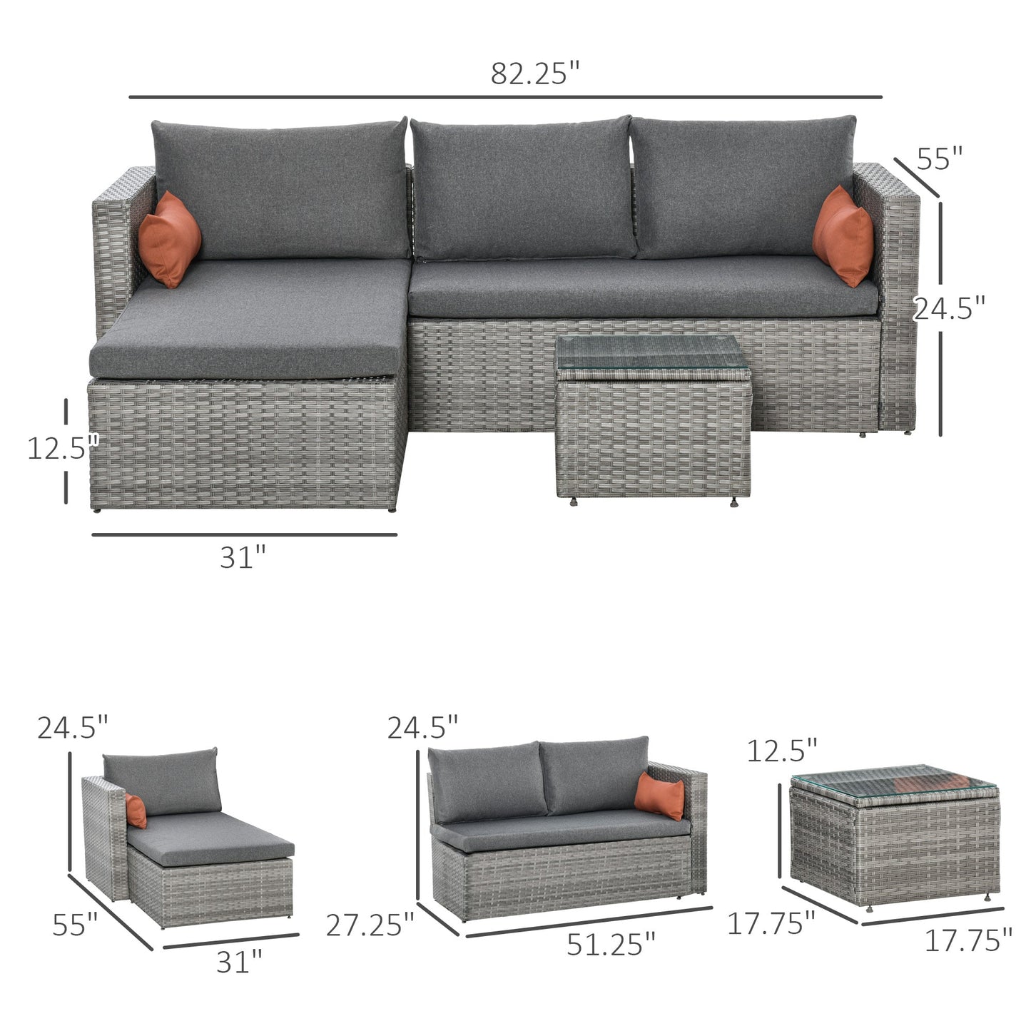 3-Piece Patio Furniture Set Modern Sectional Sofa Rattan Chair Wicker Conversation Set Outdoor Hand Woven Rattan Wicker Furniture Patio Coffee Table Sofa Set, Grey