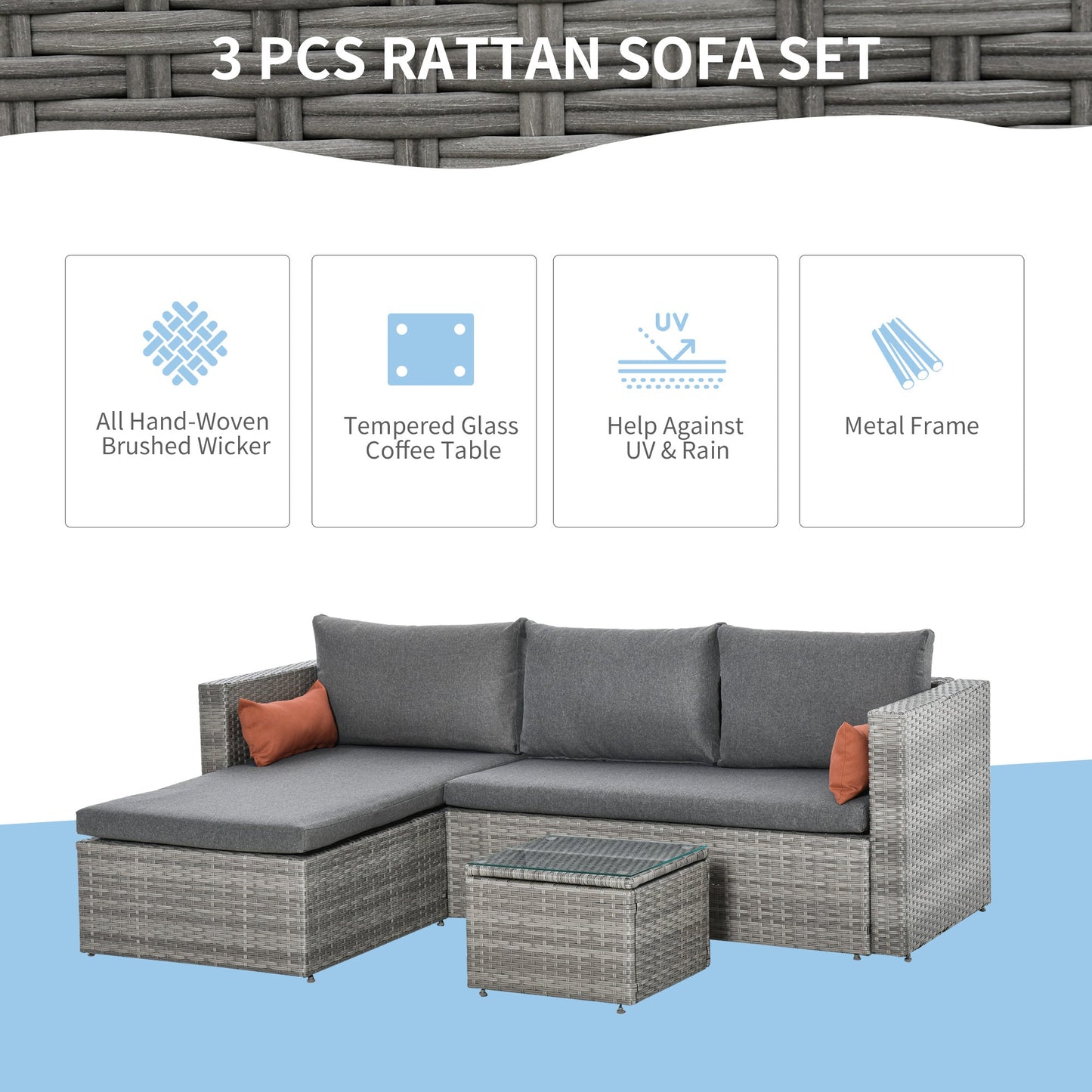 3-Piece Patio Furniture Set Modern Sectional Sofa Rattan Chair Wicker Conversation Set Outdoor Hand Woven Rattan Wicker Furniture Patio Coffee Table Sofa Set, Grey