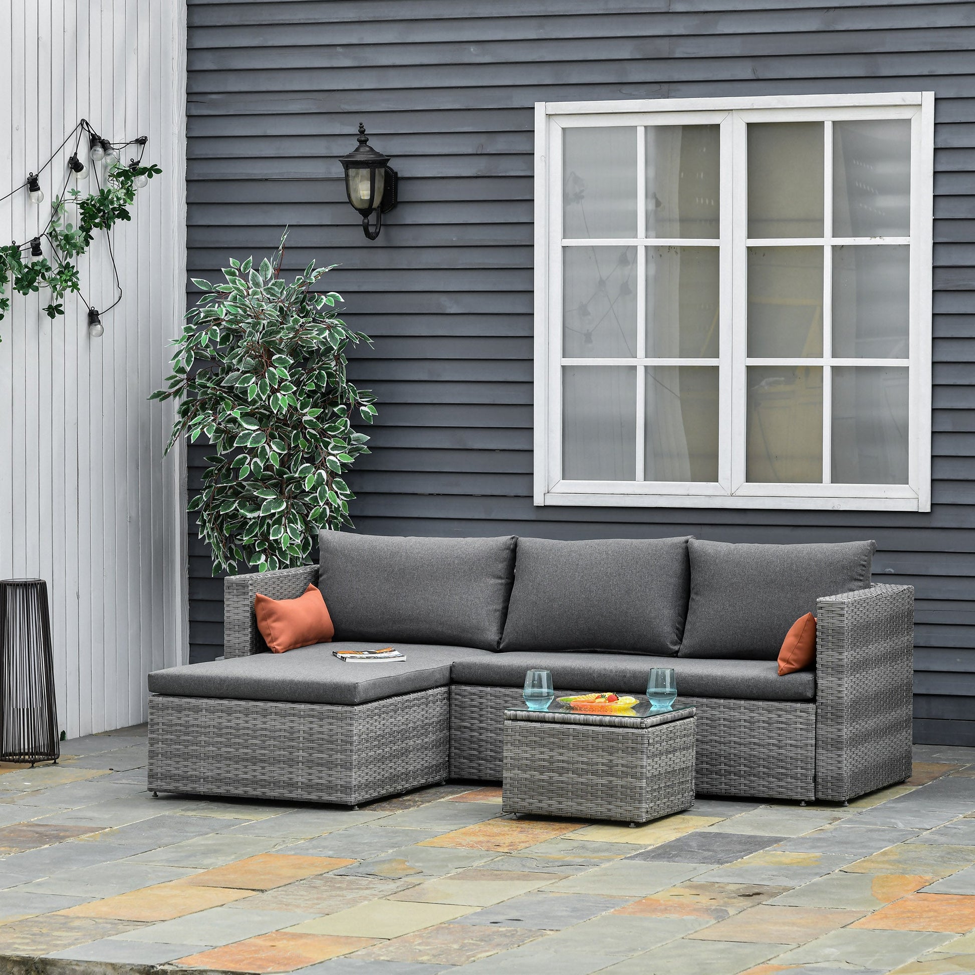 3-Piece Patio Furniture Set Modern Sectional Sofa Rattan Chair Wicker Conversation Set Outdoor Hand Woven Rattan Wicker Furniture Patio Coffee Table Sofa Set, Grey