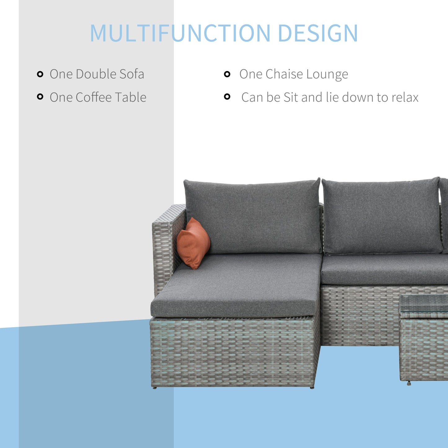 3-Piece Patio Furniture Set Modern Sectional Sofa Rattan Chair Wicker Conversation Set Outdoor Hand Woven Rattan Wicker Furniture Patio Coffee Table Sofa Set, Grey