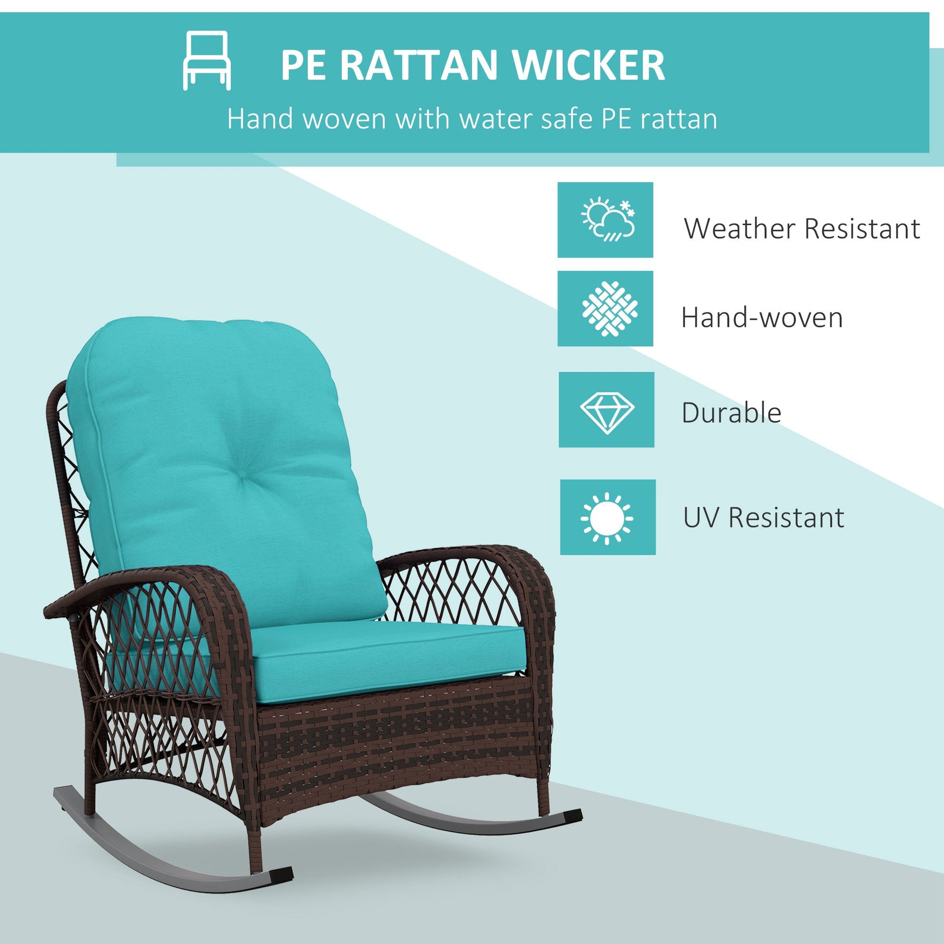 Rattan Rocking Chair, Outdoor Wicker Patio Rocker Chair Furniture with Thick Cushions, for Garden Backyard Porch, Turquoise