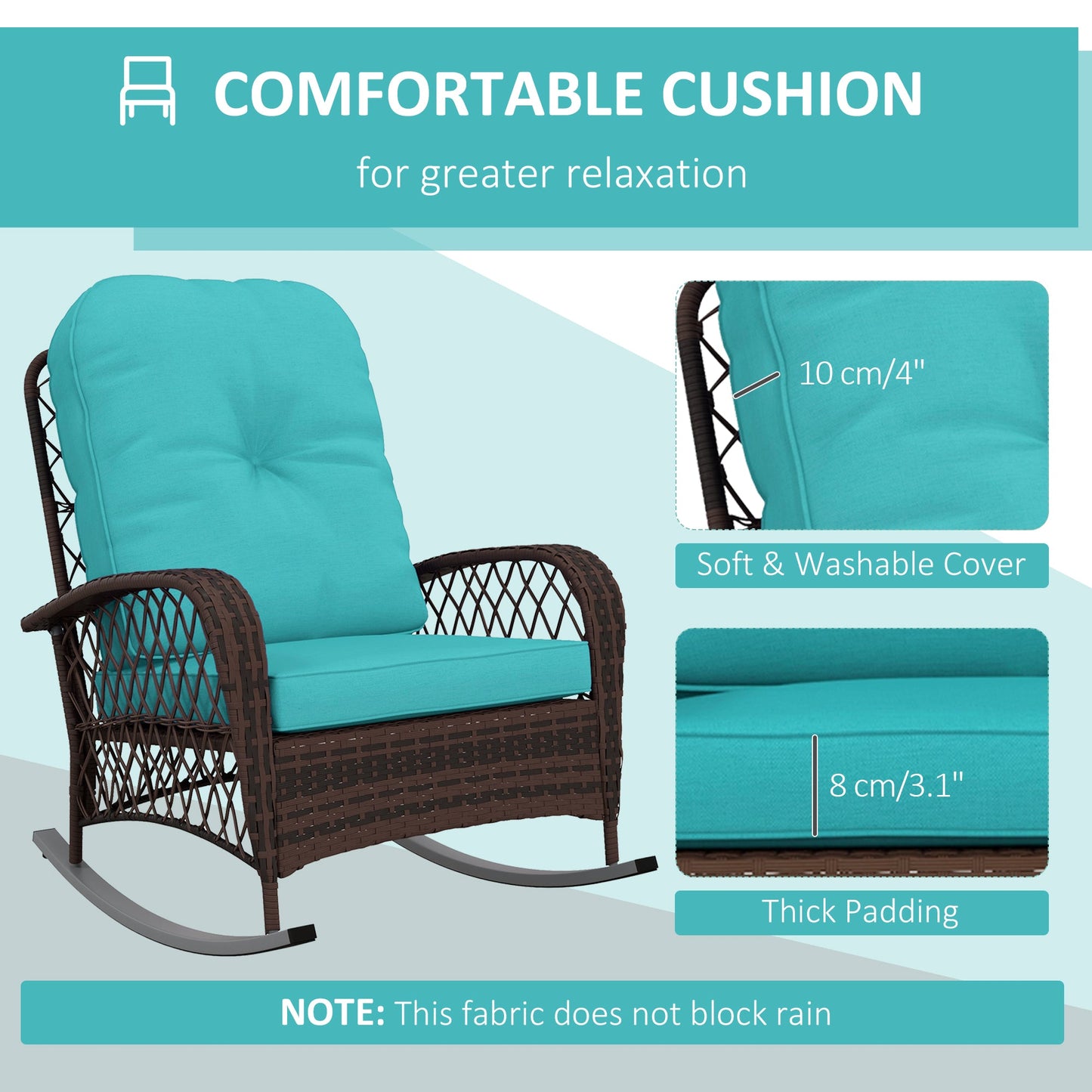 Rattan Rocking Chair, Outdoor Wicker Patio Rocker Chair Furniture with Thick Cushions, for Garden Backyard Porch, Turquoise