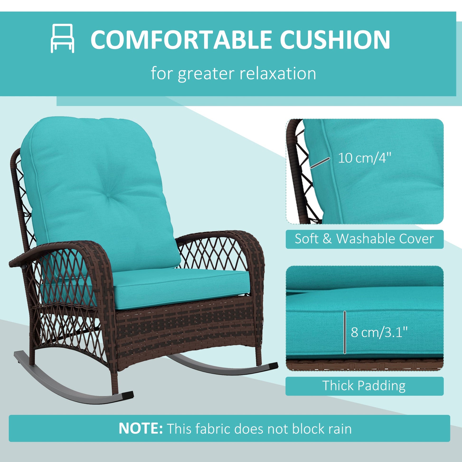 Rattan Rocking Chair, Outdoor Wicker Patio Rocker Chair Furniture with Thick Cushions, for Garden Backyard Porch, Turquoise