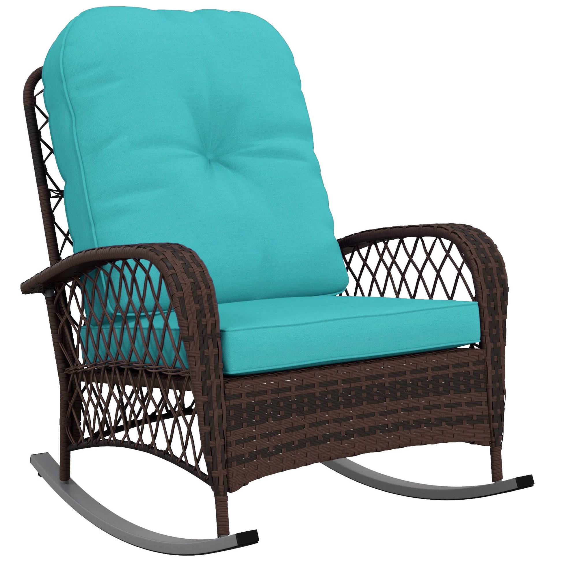 Rattan Rocking Chair, Outdoor Wicker Patio Rocker Chair Furniture with Thick Cushions, for Garden Backyard Porch, Turquoise