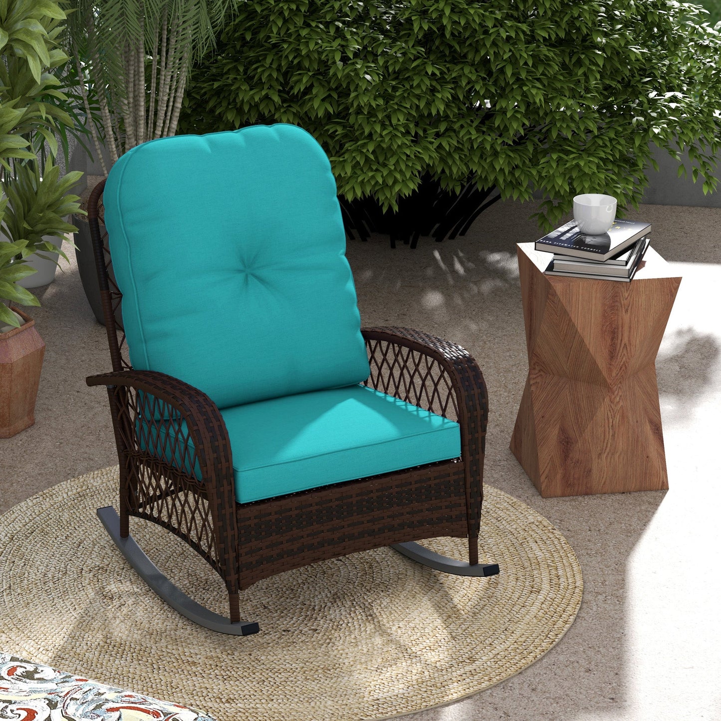 Rattan Rocking Chair, Outdoor Wicker Patio Rocker Chair Furniture with Thick Cushions, for Garden Backyard Porch, Turquoise