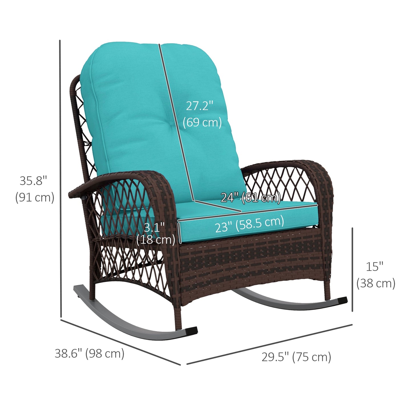 Rattan Rocking Chair, Outdoor Wicker Patio Rocker Chair Furniture with Thick Cushions, for Garden Backyard Porch, Turquoise