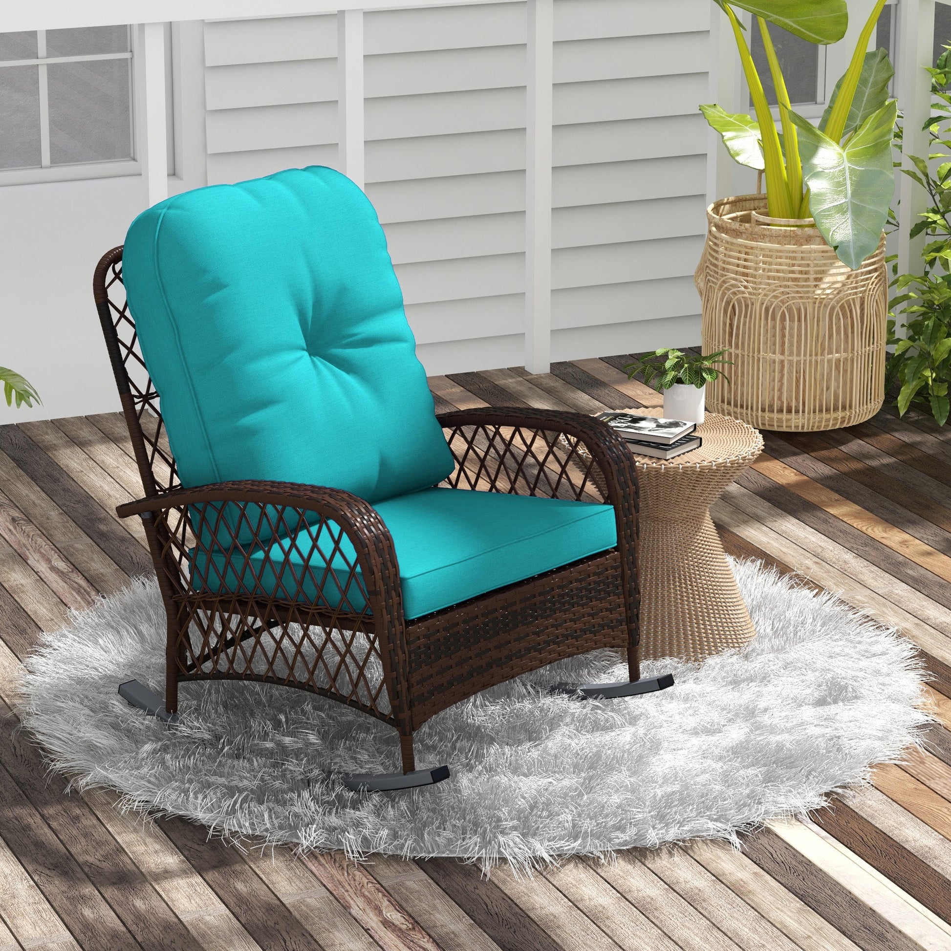 Rattan Rocking Chair, Outdoor Wicker Patio Rocker Chair Furniture with Thick Cushions, for Garden Backyard Porch, Turquoise
