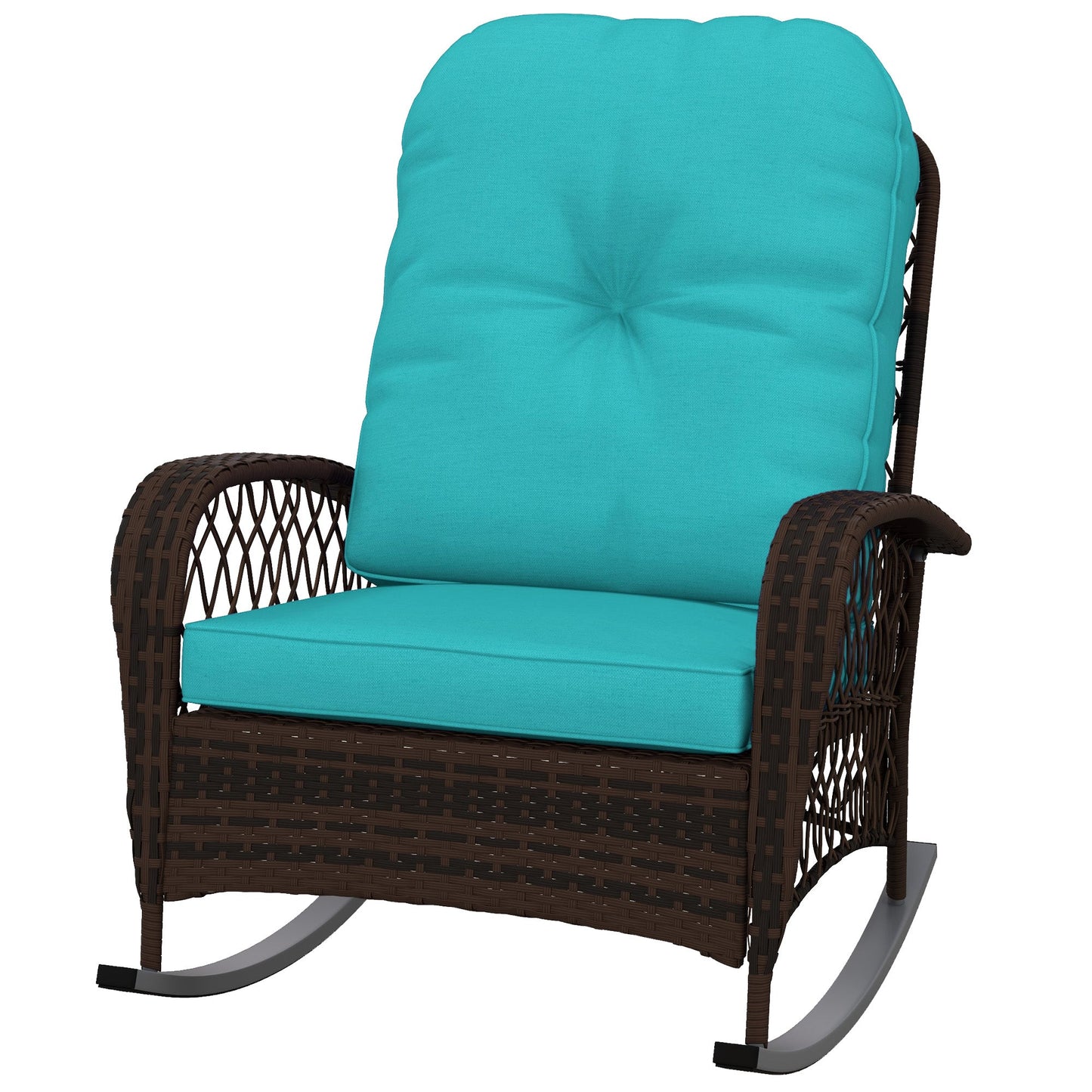 Rattan Rocking Chair, Outdoor Wicker Patio Rocker Chair Furniture with Thick Cushions, for Garden Backyard Porch, Turquoise