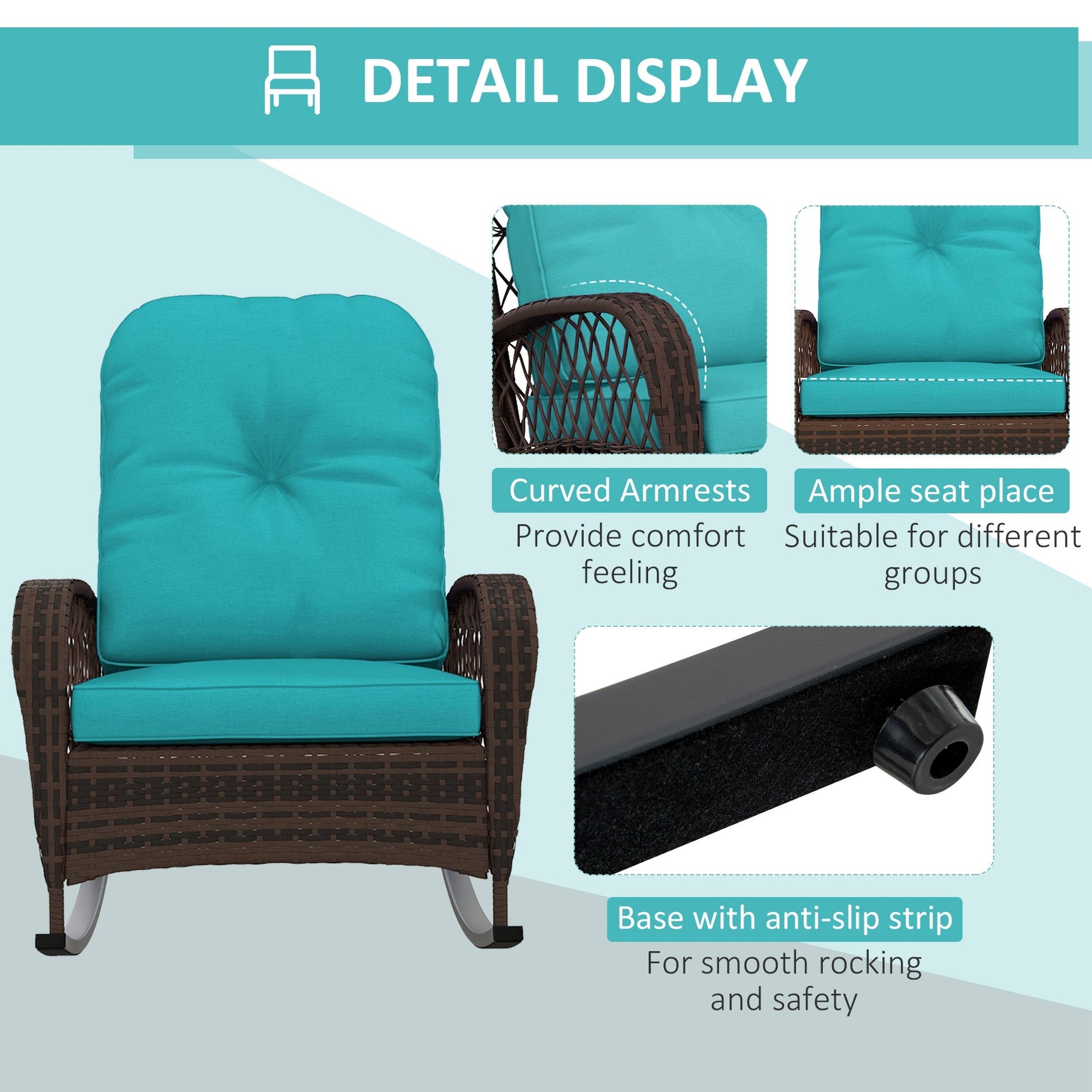 Rattan Rocking Chair, Outdoor Wicker Patio Rocker Chair Furniture with Thick Cushions, for Garden Backyard Porch, Turquoise