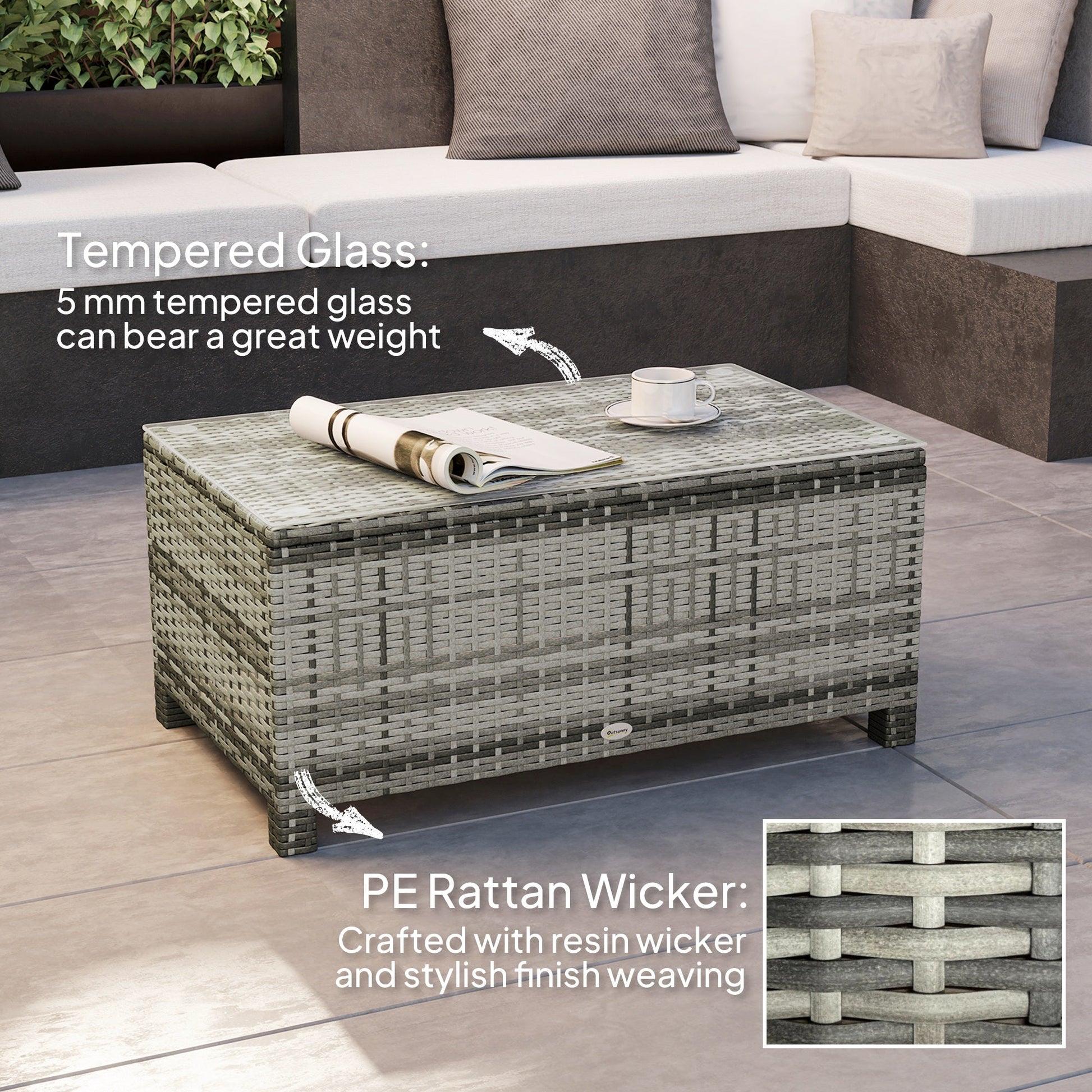Rattan Coffee Table, Patio Side Table, Hand-woven Wicker Furniture with Tempered Glass Top Outdoor Garden Patio, Grey